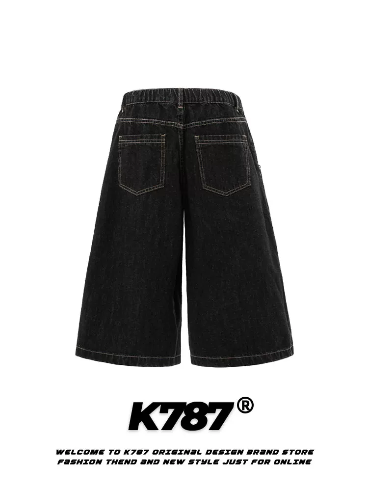 Quần short denim cạp cao unisex phong cách đường phố hip-hop retro Mỹ K787, phối họa tiết, đa năng