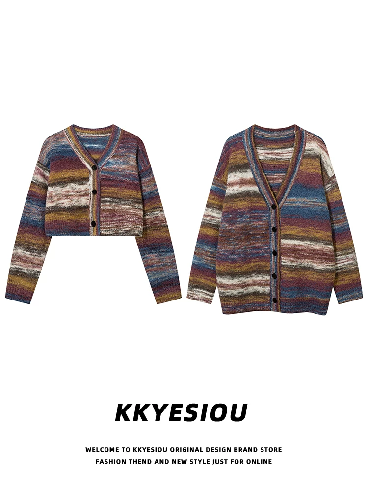Áo cardigan dệt kim cổ chữ V phong cách retro dân tộc Mỹ KKyesiou dành cho nam và nữ, áo khoác cặp đôi cổ điển