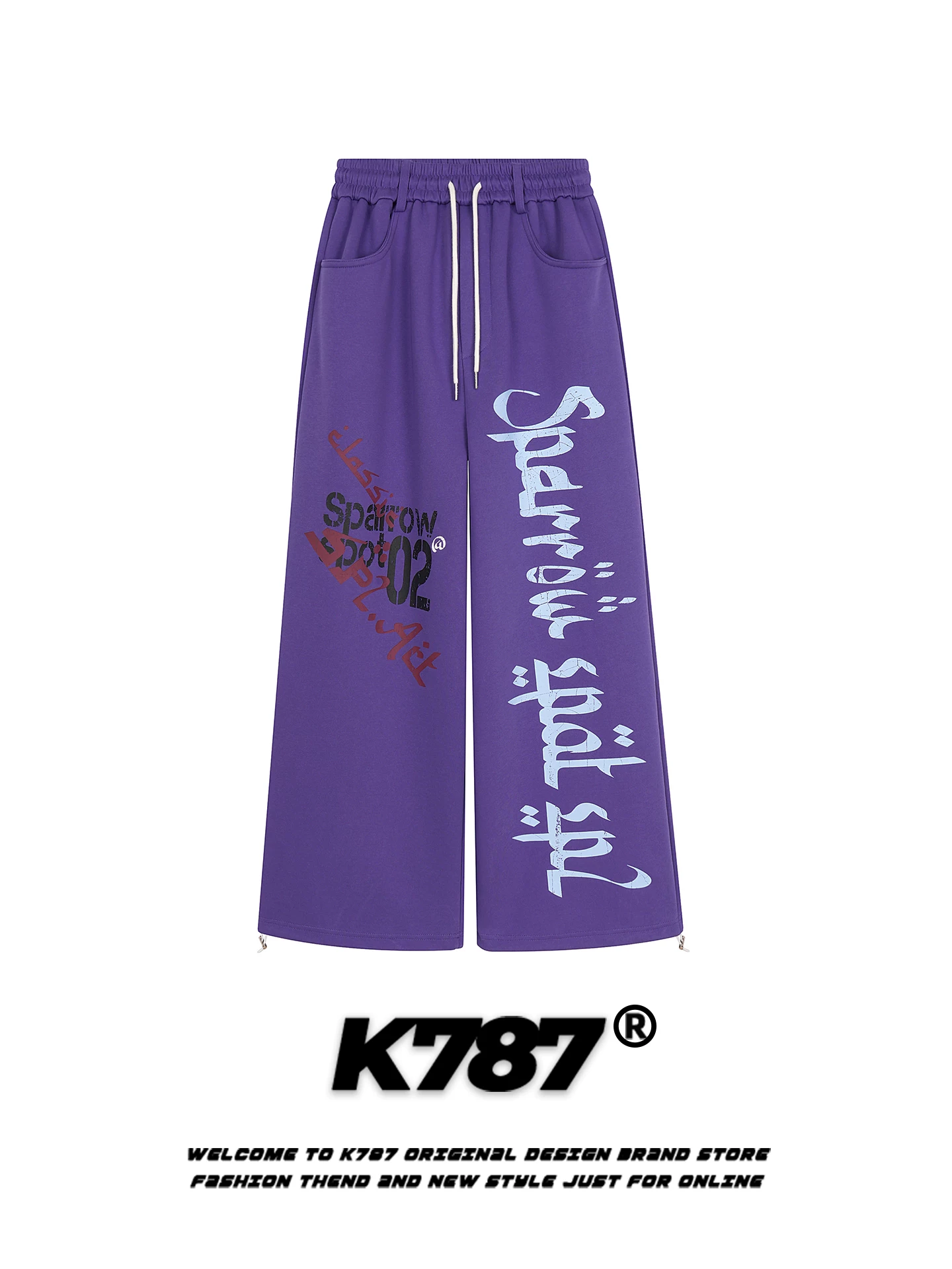 Quần jogger unisex chất liệu nỉ in chữ kiểu Mỹ cổ điển K787, dáng rộng, cạp chun, màu tím, ống thẳng
