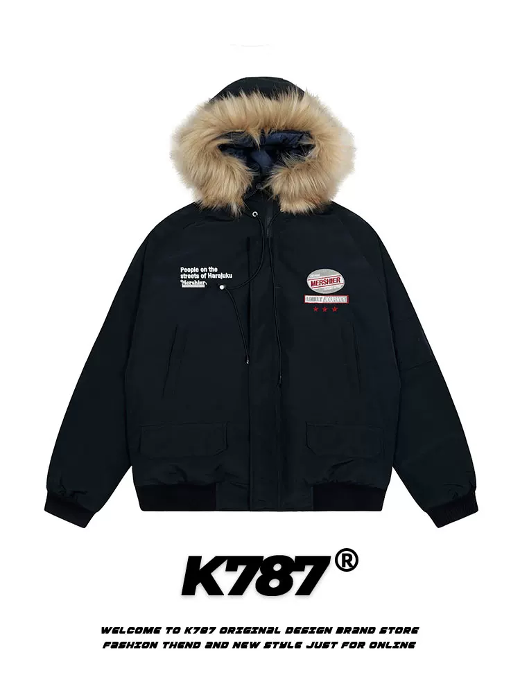 Áo khoác cotton có mũ trùm đầu K787 dành cho nam và nữ, áo khoác cotton mùa đông kiểu Mỹ cổ điển