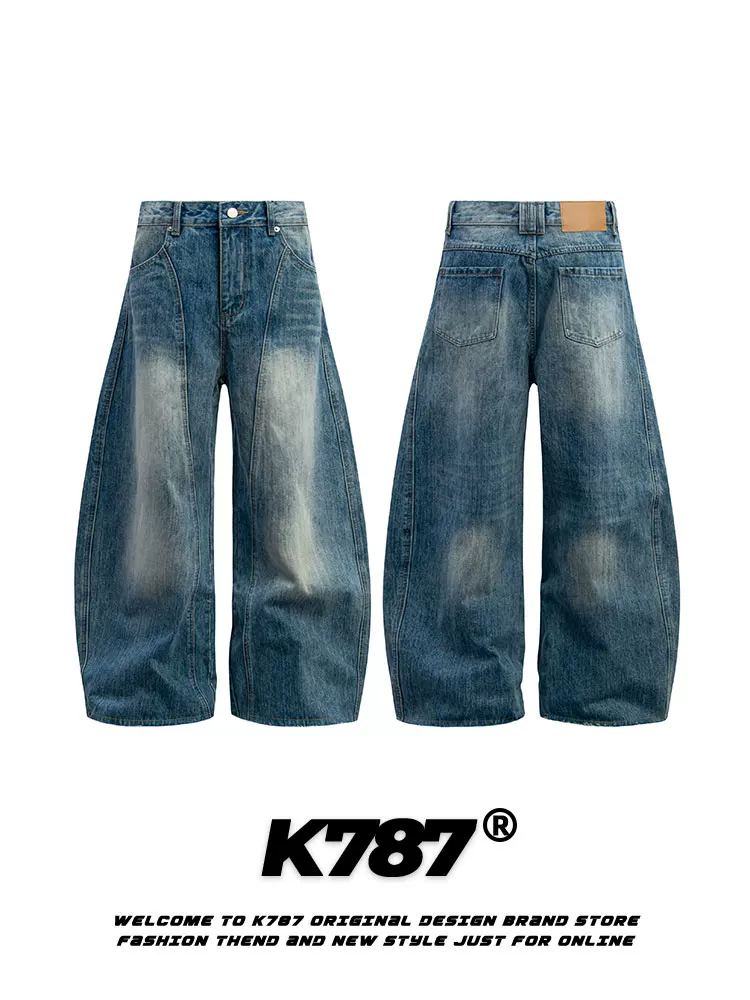 Quần jeans dáng scimitar unisex K787 phong cách retro Mỹ, xu hướng hip-hop, rộng thùng thình, cạp cao, dáng thẳng, phong cách đường phố, chất liệu denim.