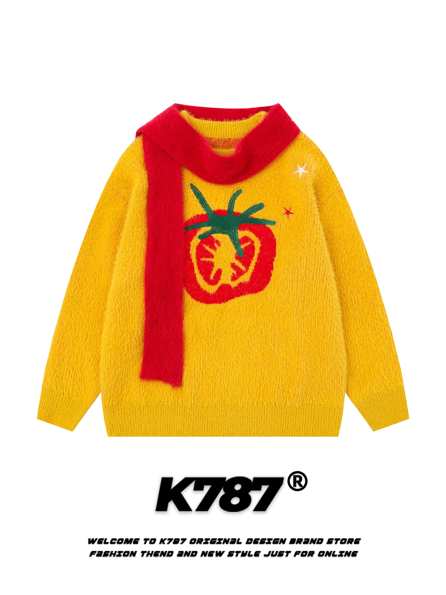 Áo len cổ tròn dệt jacquard họa tiết cà chua kiểu Mỹ K787 dành cho nữ, kiểu dáng rộng rãi, phong cách preppy, đồ dệt kim cặp đôi