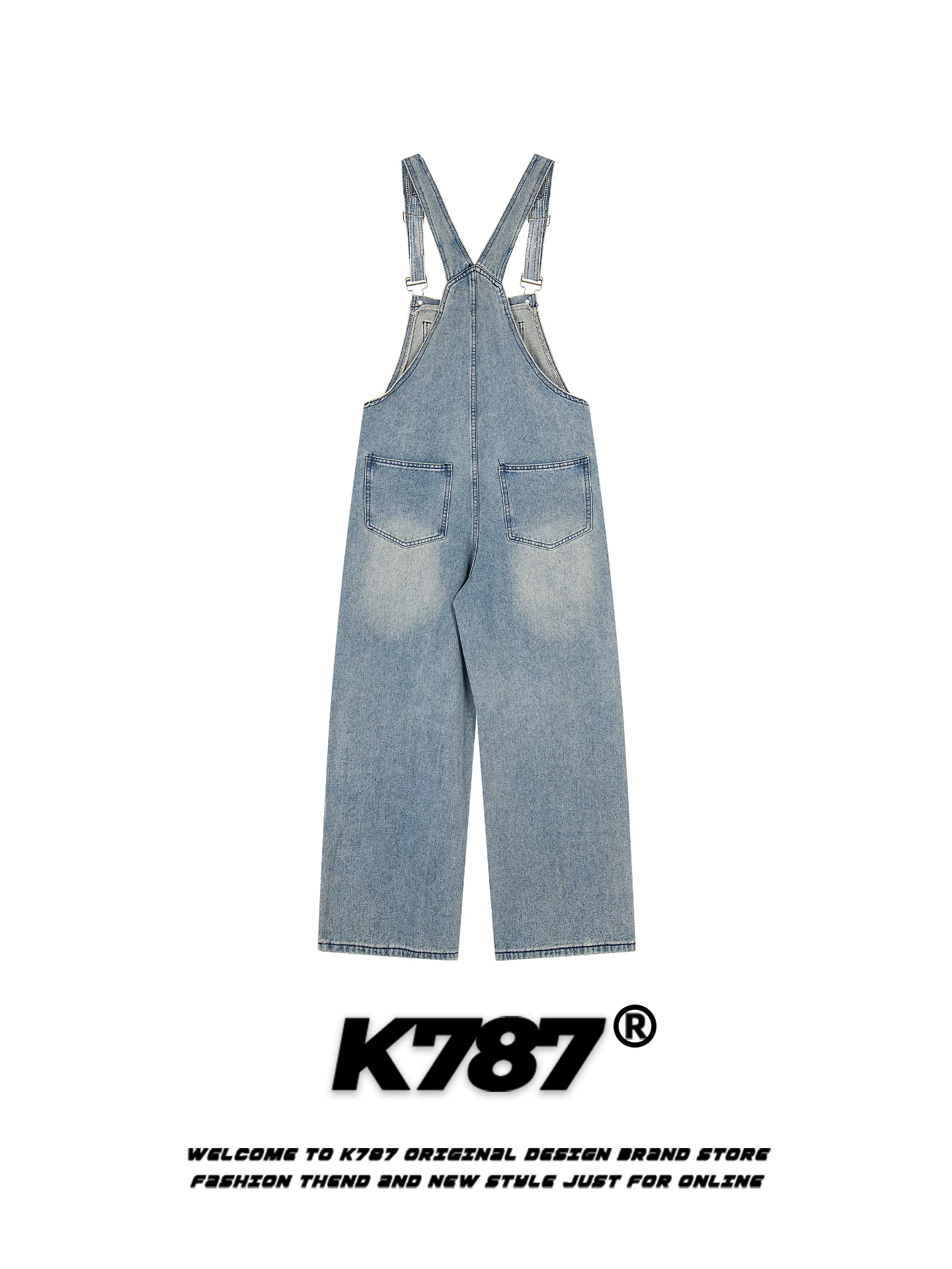 Quần yếm denim in hoa kiểu Mỹ cổ điển K787, unisex, dáng rộng, xu hướng thời trang, ống thẳng, kiểu vintage, ống rộng