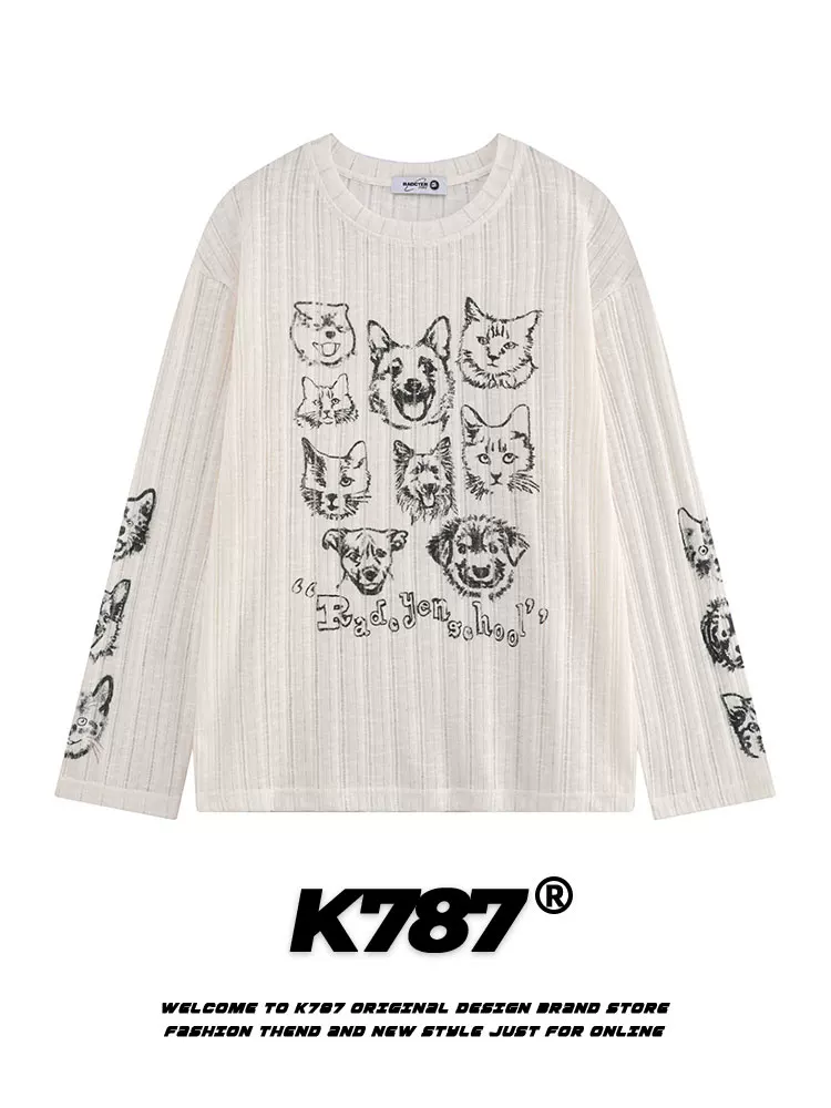 K787 Hot Girl Fun Thin Cat and Dog Print Áo thun dài tay in hình mèo và chó Áo khoác dài tay mỏng quá khổ Áo khoác ngoài