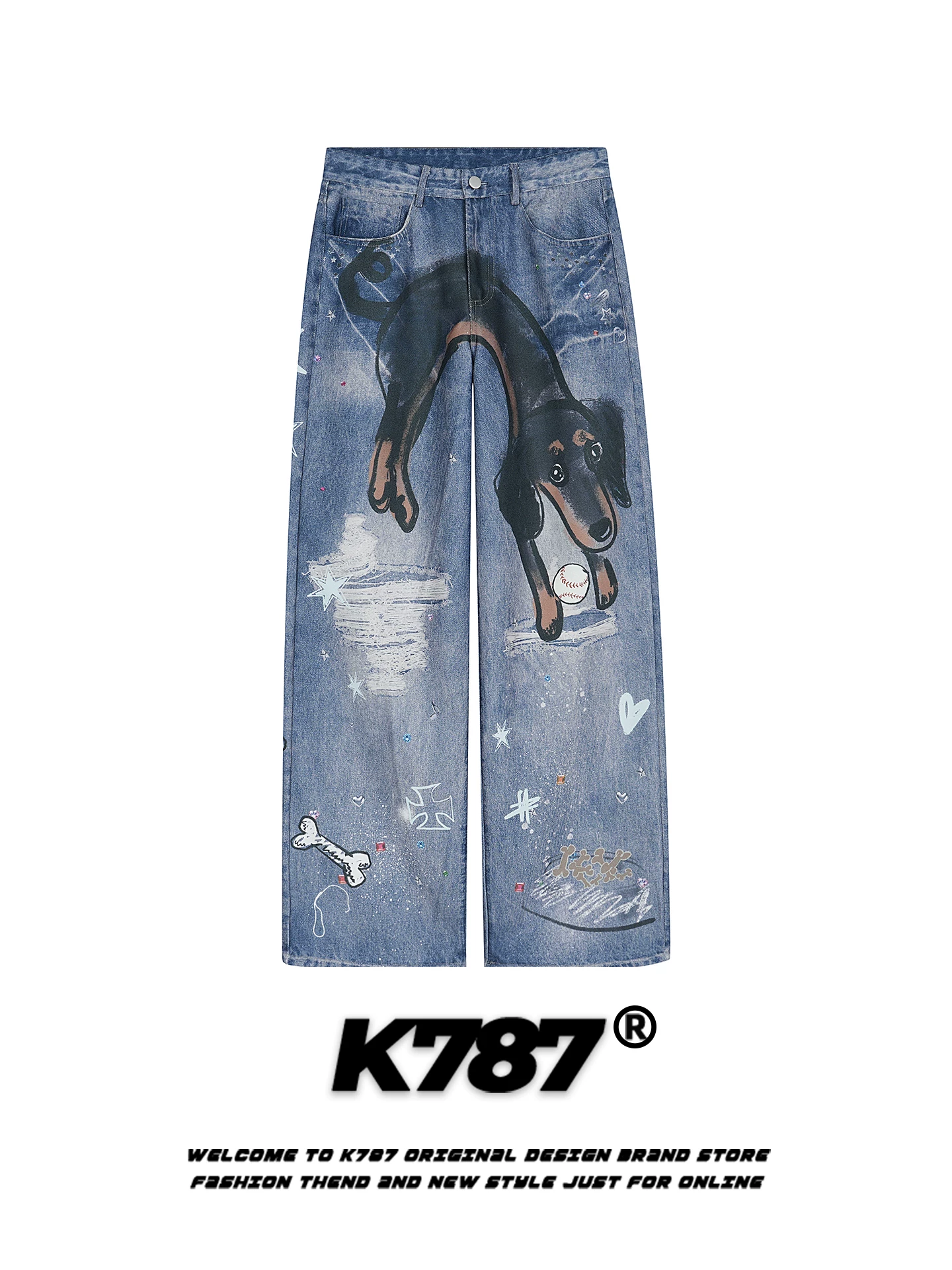 K787 Quần jean in hình chú chó vui nhộn phong cách đường phố Mỹ unisex dáng rộng hợp thời trang quần ống rộng lưng cao đa năng