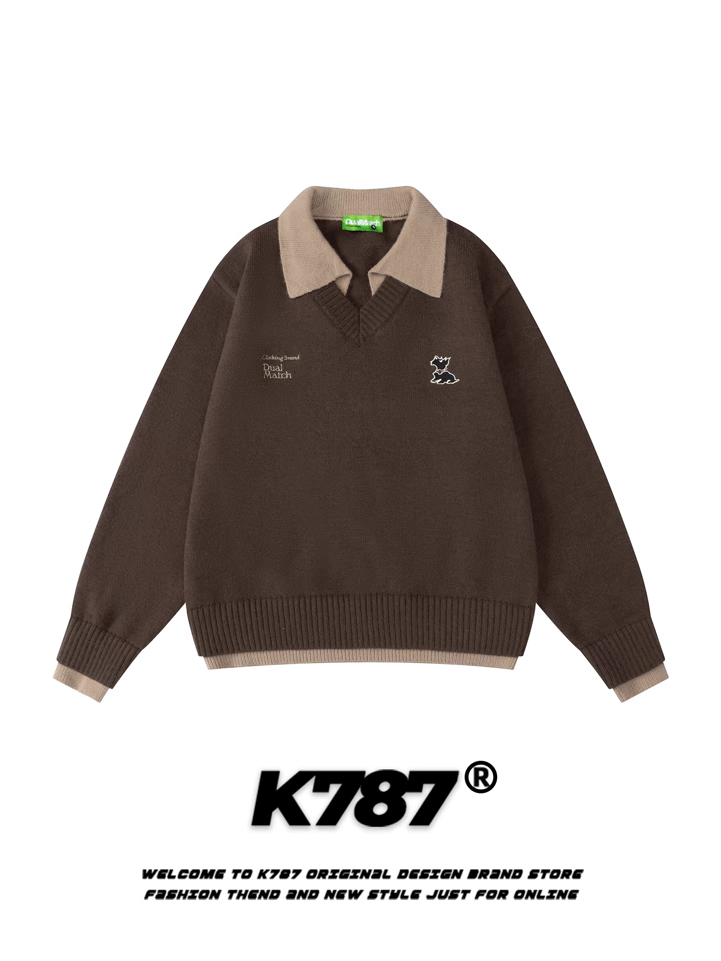 Áo len cổ điển kiểu Mỹ K787 dành cho nam và nữ có thêu hình chú chó con, áo dệt kim ngắn giả hai mảnh dáng rộng