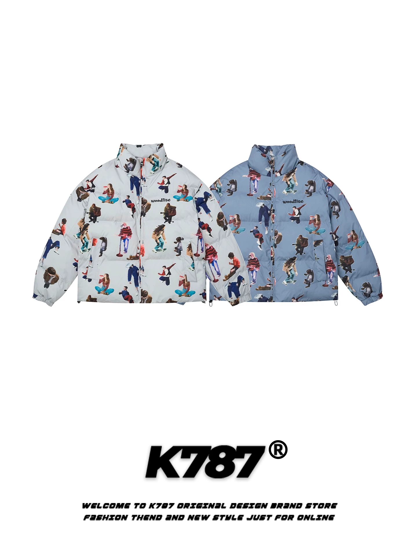 Áo khoác cotton cổ đứng in họa tiết retro Mỹ K787 dành cho nam và nữ, áo phao cặp đôi dày dặn ấm áp mùa đông, kiểu dáng thời trang