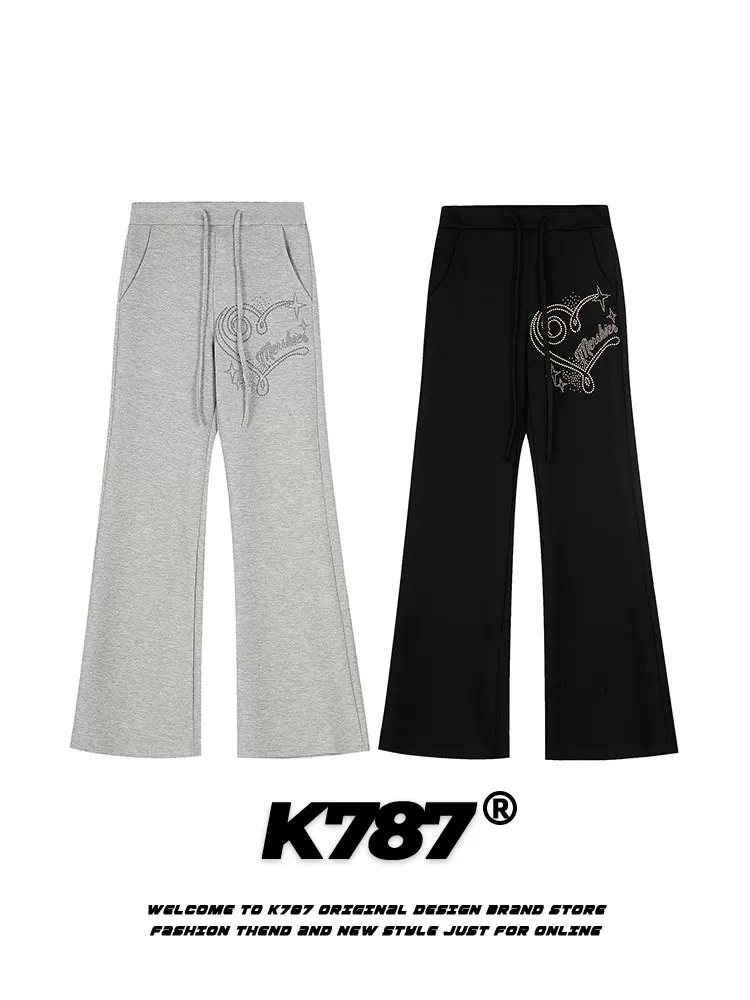 Quần thể thao unisex dáng rộng ống đứng cạp cao phong cách đường phố, kiểu dáng retro Mỹ, đính đá, mã K787