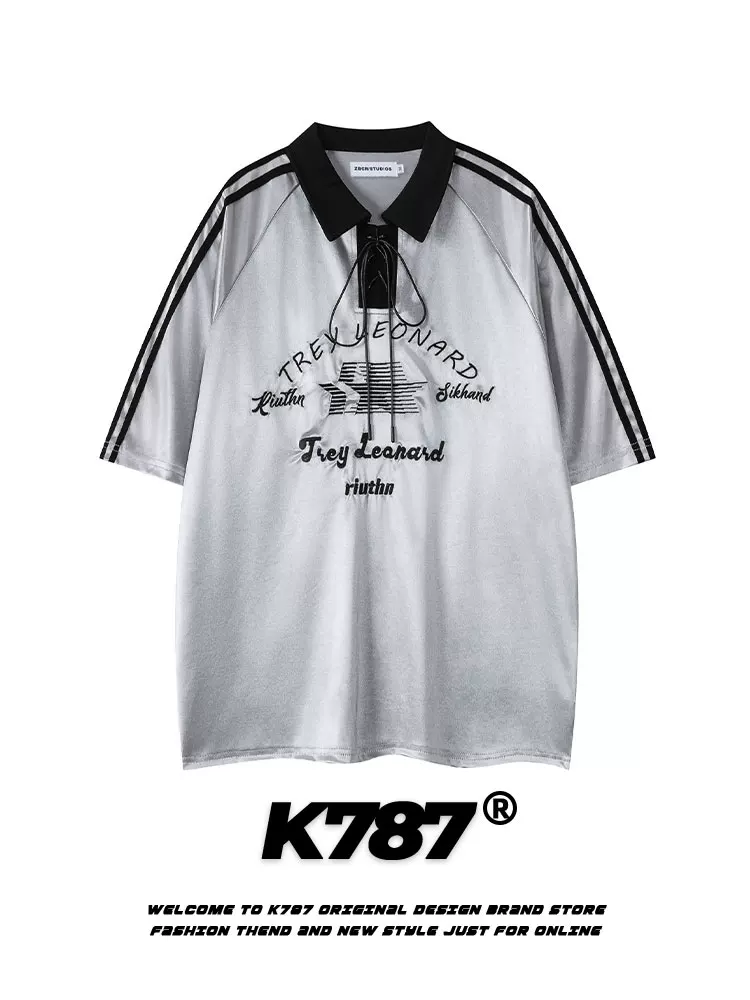 Áo polo K787 phong cách retro Mỹ, xu hướng quốc dân, phong cách blokecore, unisex, thể thao, phối dây, thêu, tay ngắn