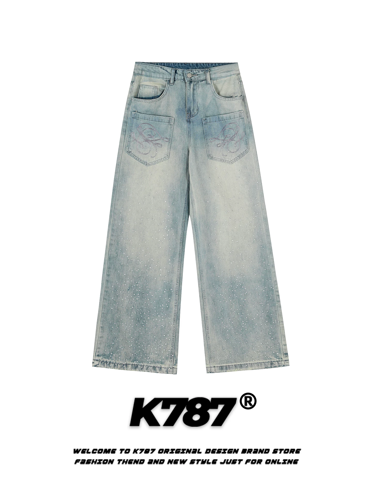 Quần jeans đính đá phong cách đường phố Mỹ K787 dành cho nam và nữ, nhiều túi, cạp cao, dáng rộng, ống thẳng, ống rộng, phong cách thường ngày