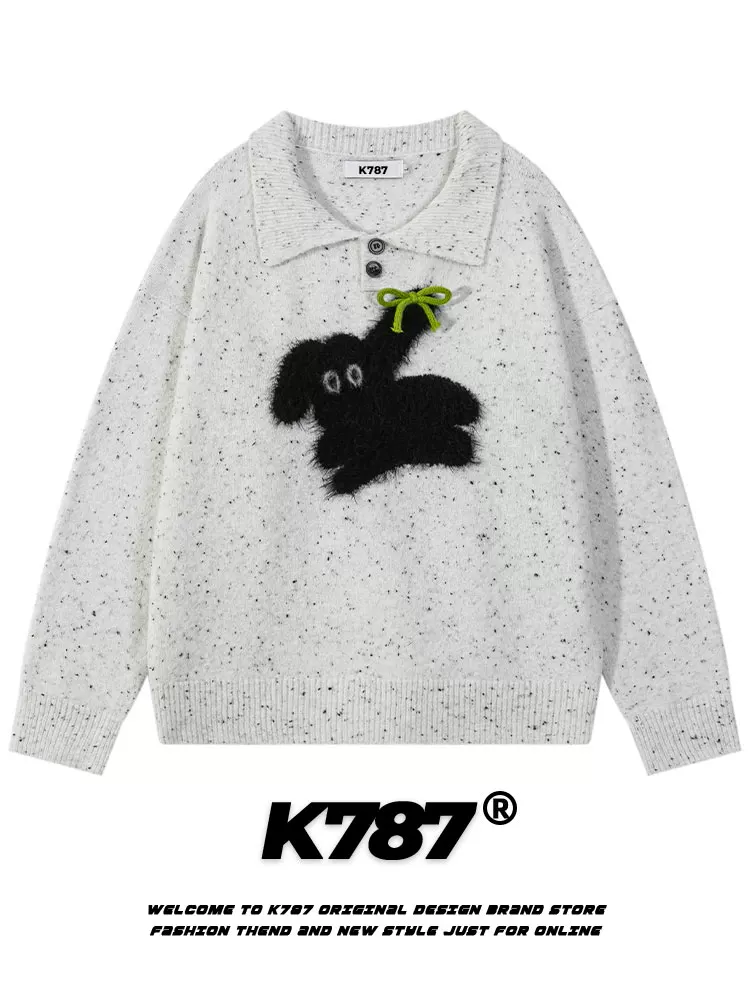 K787 Áo len cổ POLO màu xám cổ điển của Mỹ dành cho nam và nữ, phong cách preppy thêu thỏ đổ xô áo len phong cách lười biếng