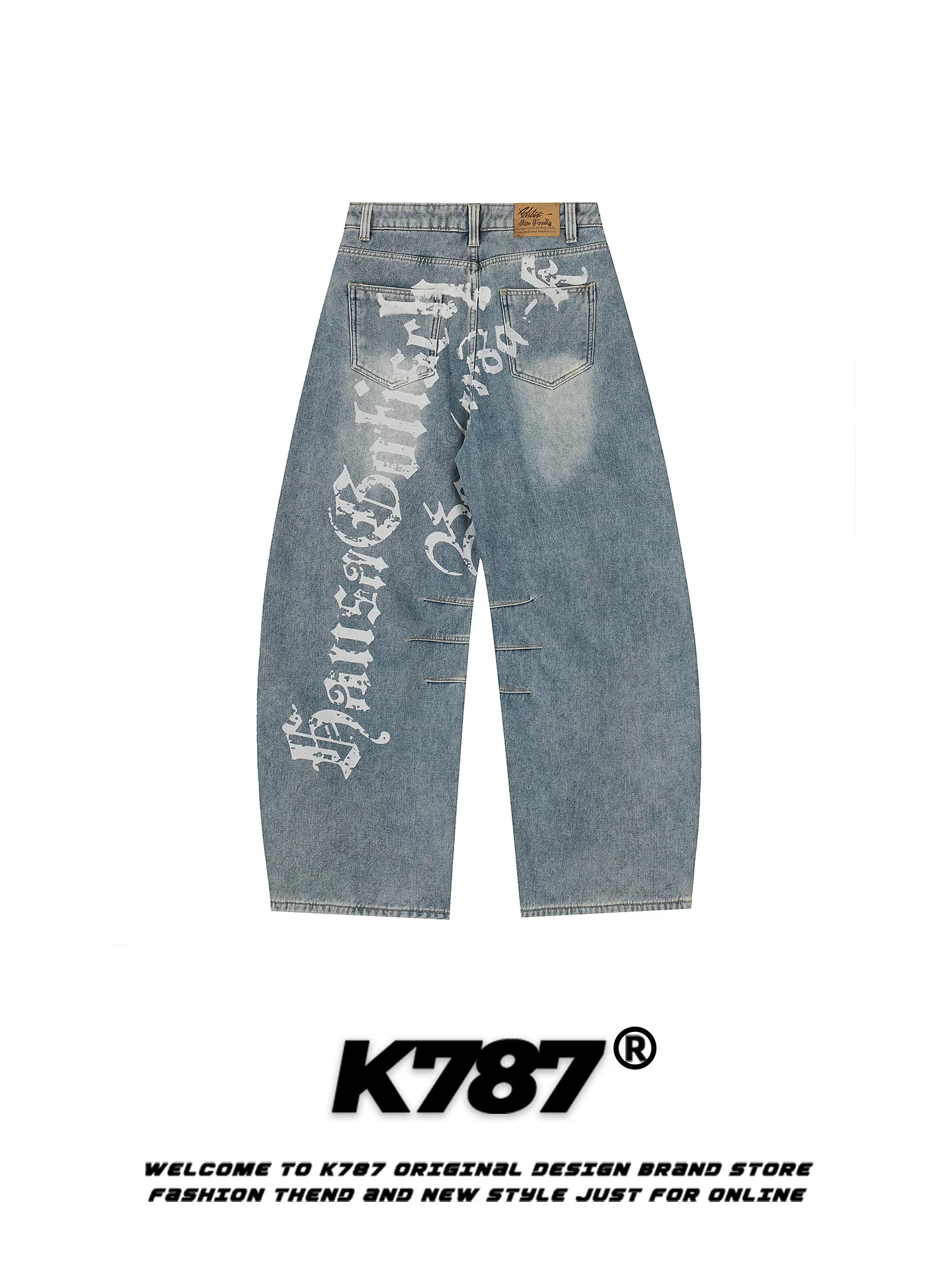 Quần jeans unisex K787 kiểu Mỹ cổ điển, in chữ, rách, dáng rộng, xu hướng thời trang, cạp cao, phong cách đường phố, ống rộng kiểu kiếm.