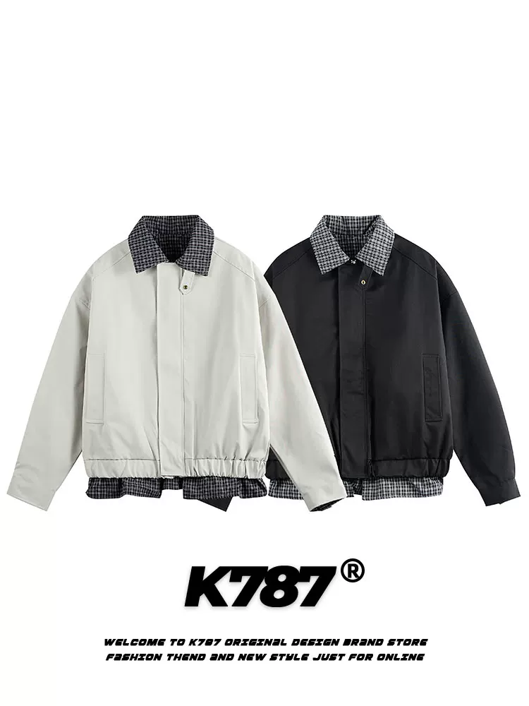 K787 Áo khoác Harrington giả hai mảnh phong cách retro Mỹ, phối màu, unisex, thời thượng, thương hiệu nổi tiếng, dáng rộng, phong cách thường ngày, đa năng, áo khoác ngắn