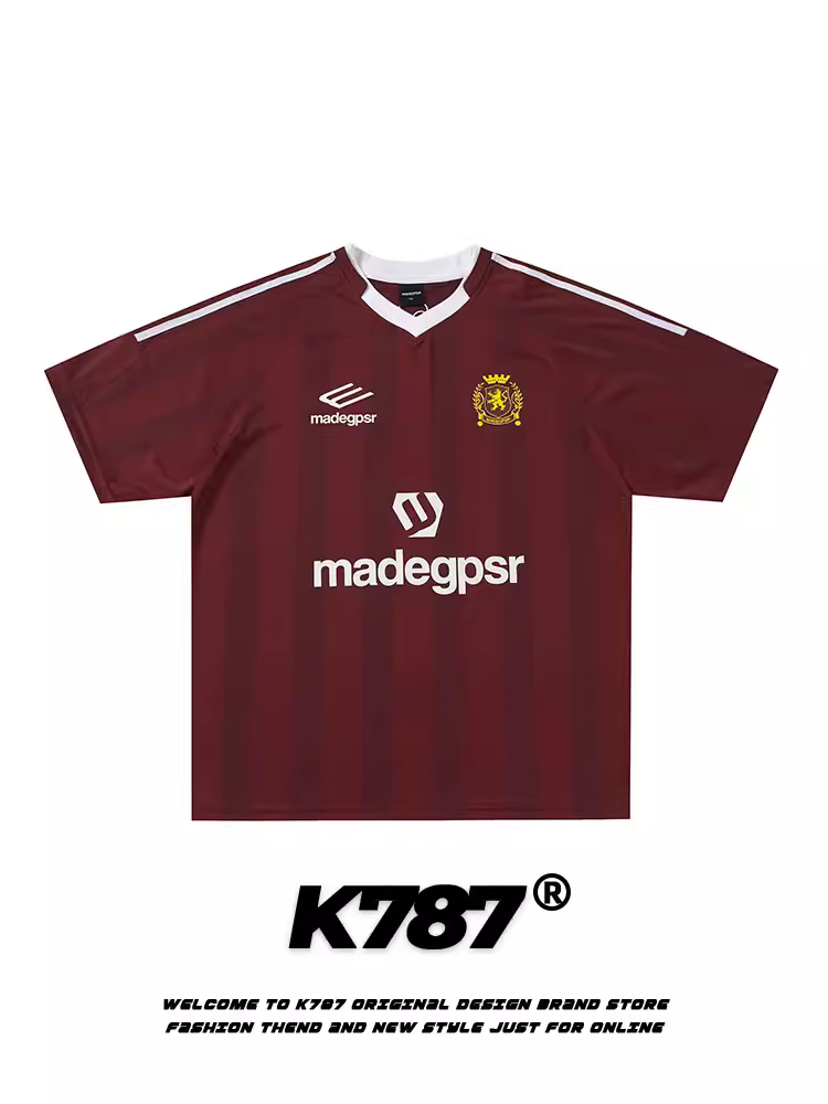 K787 Áo thể thao sọc cổ điển kiểu Mỹ nửa tay áo unisex blokecore màu đỏ áo thun dáng rộng tay ngắn