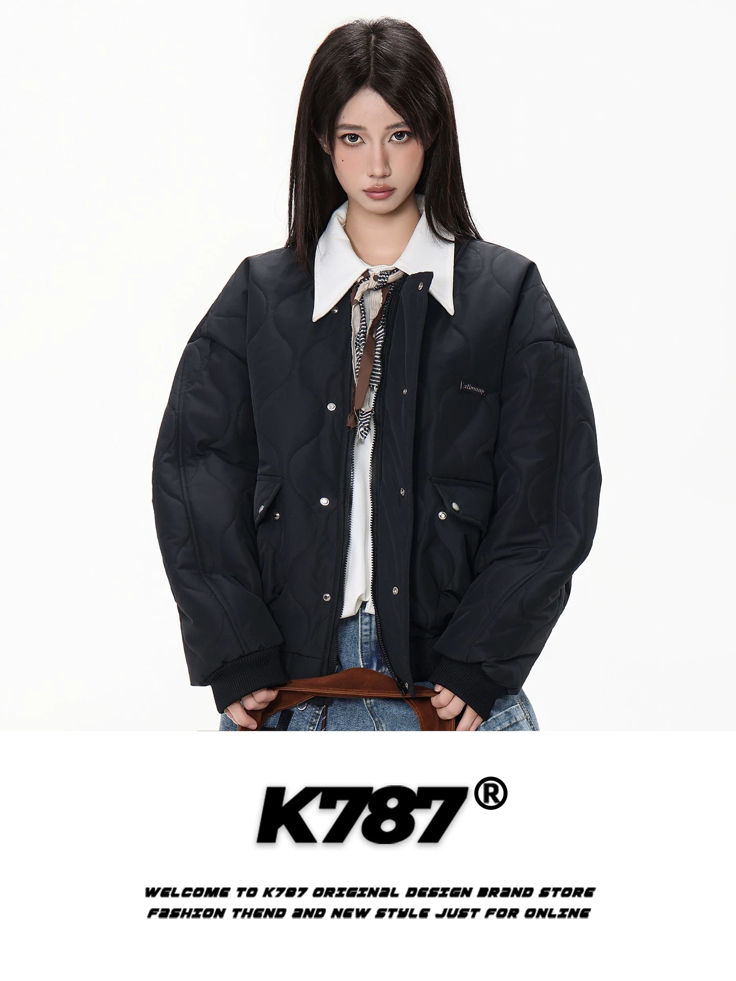 Áo khoác cotton dày có cổ đứng kiểu cổ điển kiểu Mỹ K787 dành cho nam và nữ, dáng rộng, ấm áp, áo khoác bomber có đệm thương hiệu hợp thời trang.