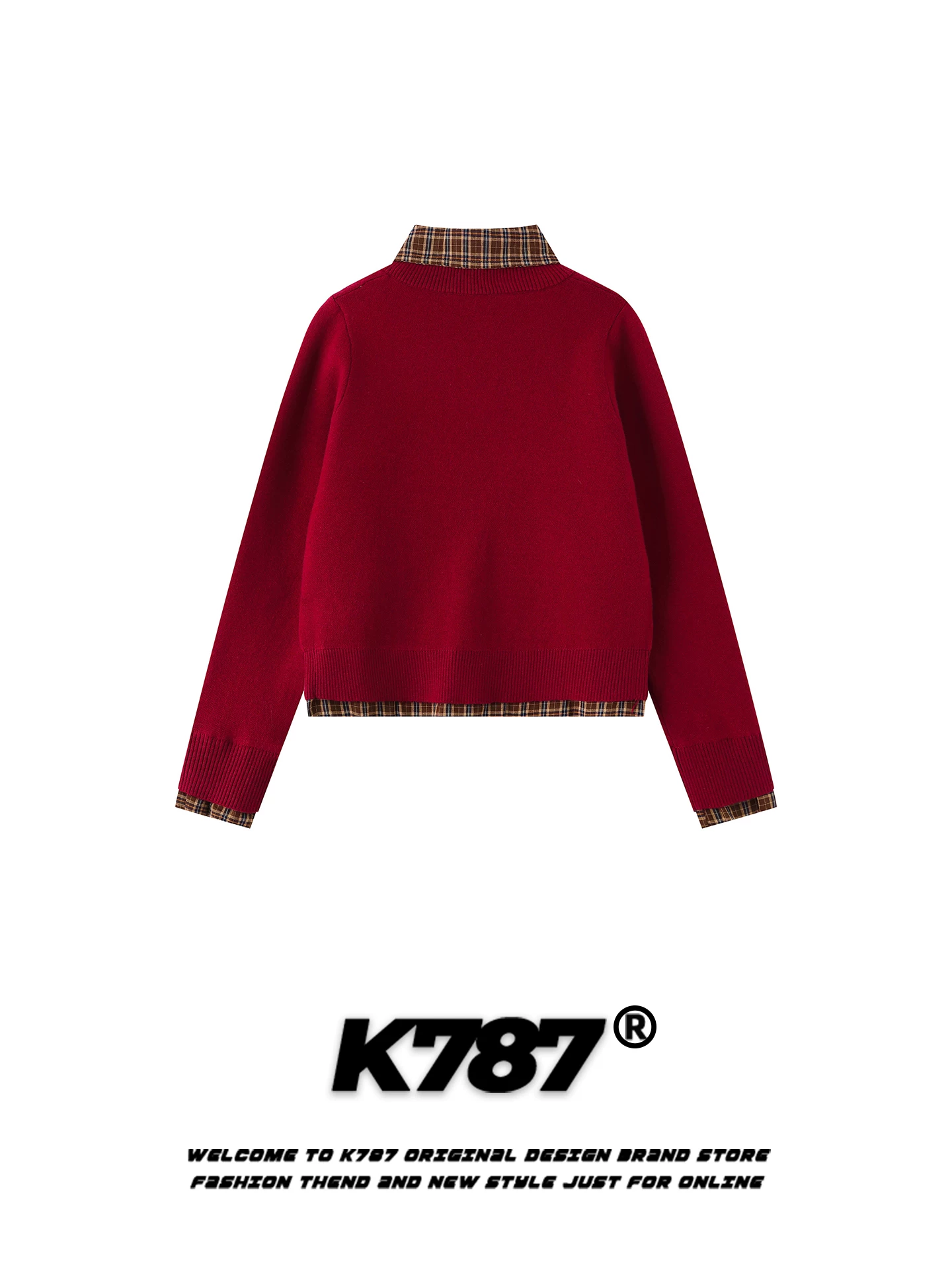 Áo len cardigan giả hai mảnh kiểu Mỹ cổ điển K787, phối họa tiết ca rô, dáng ôm, màu đỏ đậm, chất liệu len ngắn dành cho nữ