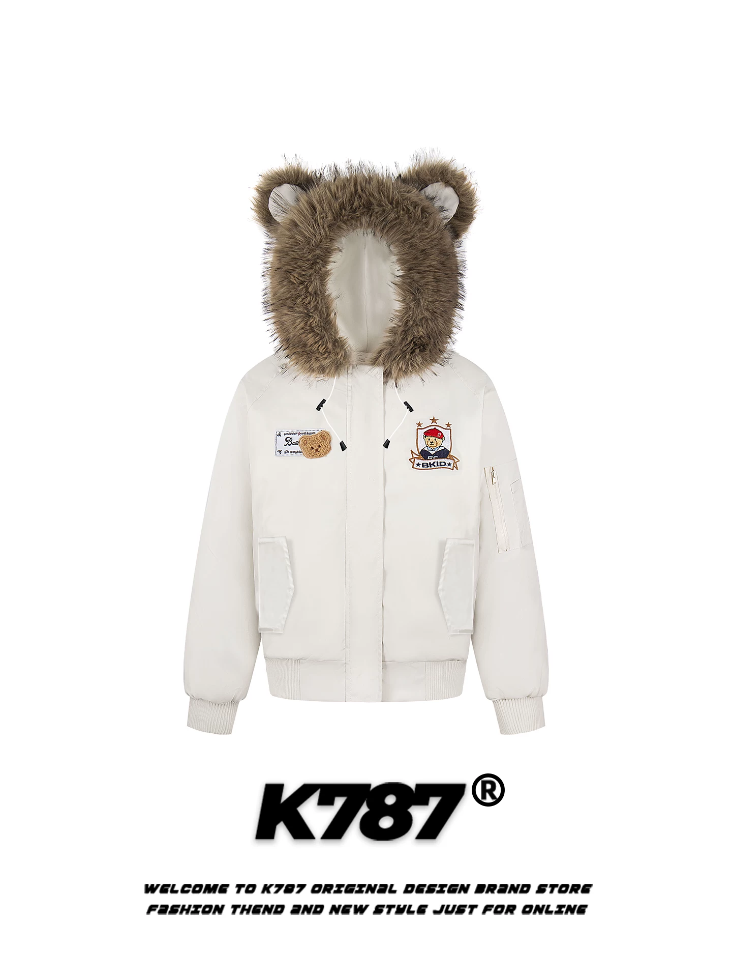 Áo khoác cotton có mũ tai gấu kiểu Mỹ cổ điển K787 dành cho nam và nữ, phong cách đại học, ấm áp và dày dặn, áo khoác cotton có khóa kéo đôi dành cho mùa đông.