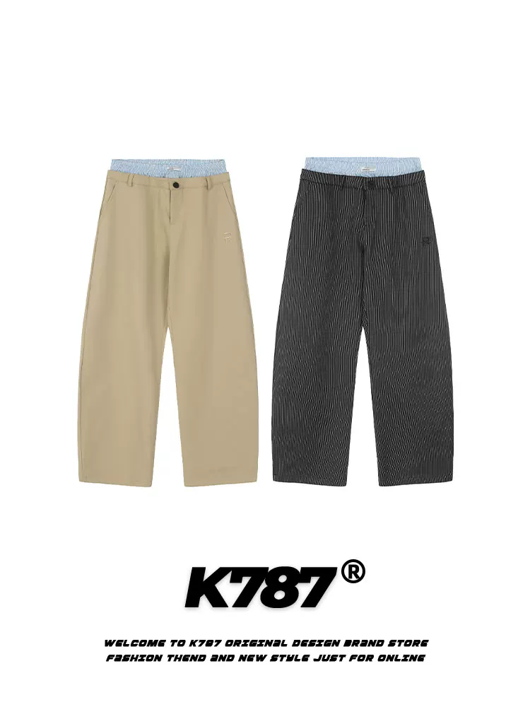 K787 Quần công sở chắp vá sọc cổ điển kiểu Mỹ phong cách Trung Hoa dành cho nam và nữ, quần ống đứng thiết kế giả hai mảnh phong cách hip-hop