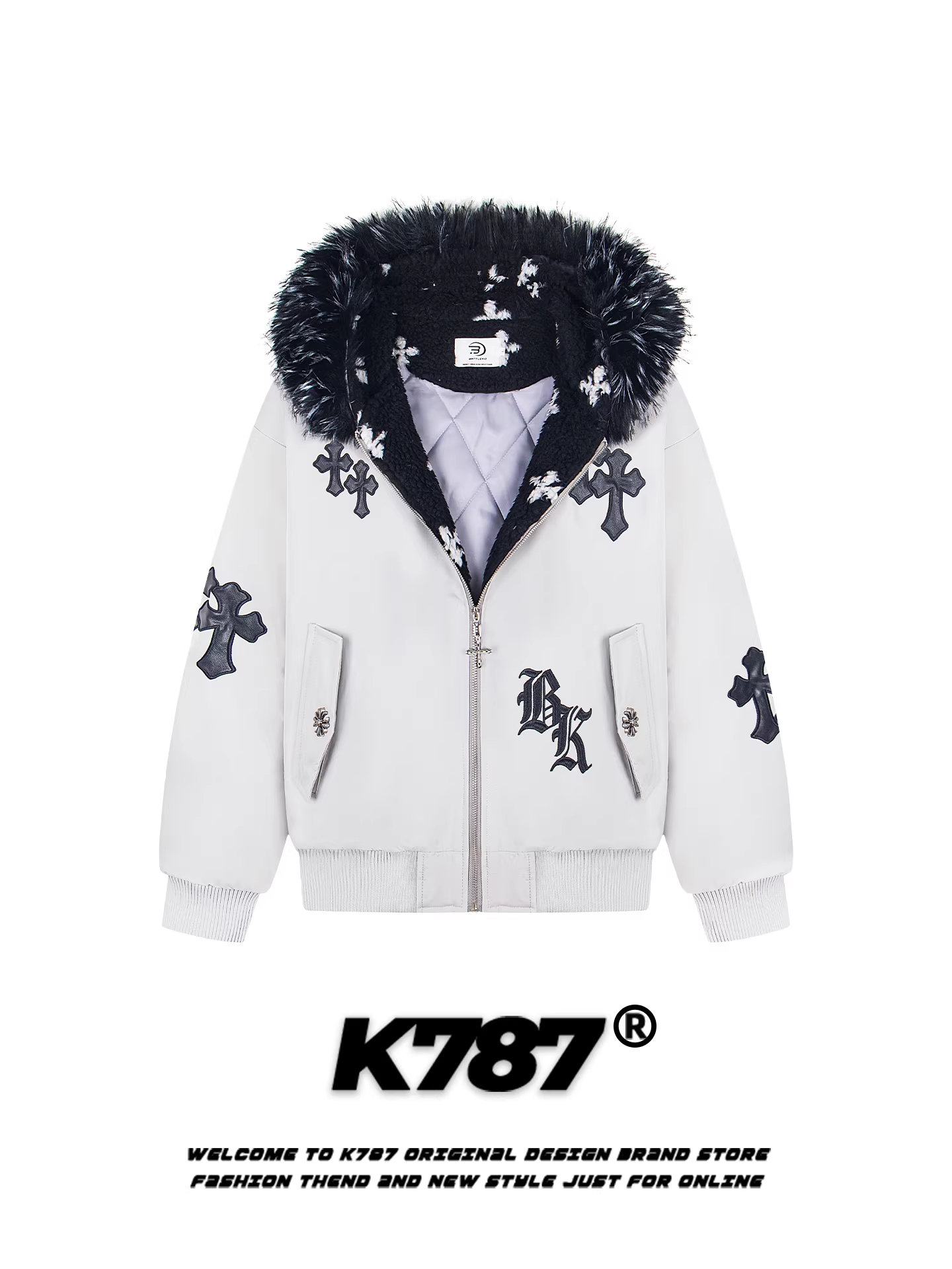 Áo khoác cotton có mũ trùm đầu, cổ lông, thêu họa tiết theo phong cách retro Mỹ K787 dành cho nam và nữ, áo khoác cotton dày dặn và ấm áp dành cho cặp đôi.