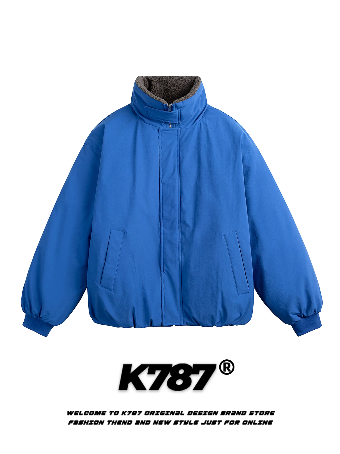 Áo khoác cotton cổ đứng phối len cừu kiểu Mỹ cổ điển K787 dành cho nam và nữ, áo khoác cotton dày dặn màu trơn theo xu hướng quốc gia, giữ ấm mùa đông.