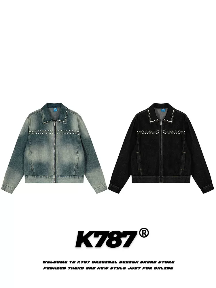 Áo khoác denim unisex dáng rộng, thiết kế tua rua kiểu Mỹ cổ điển, chất liệu denim đã qua xử lý, kiểu dáng ngắn, thời trang.
