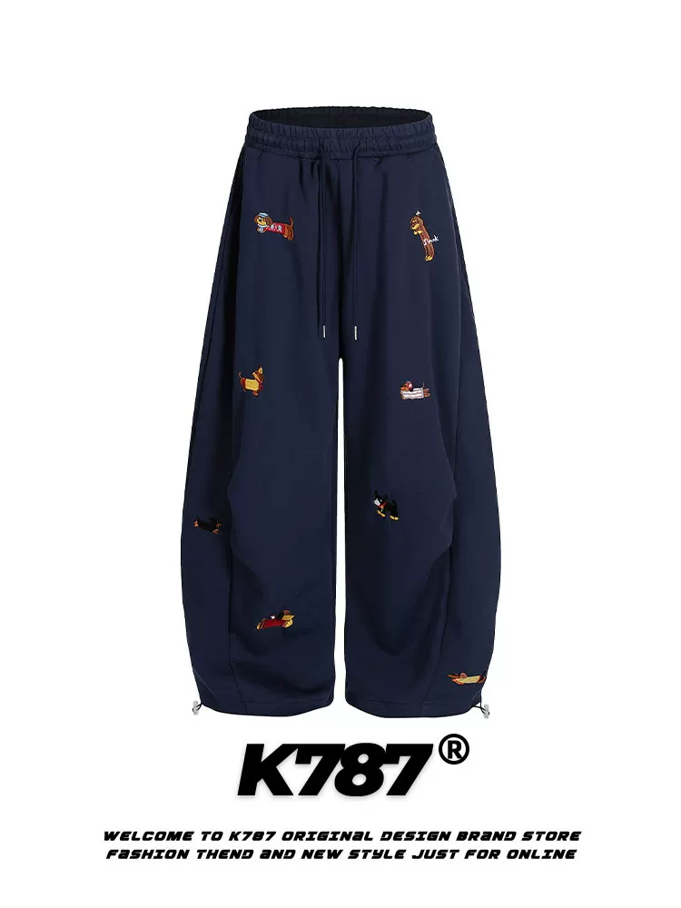 Quần thể thao rộng ống rộng phong cách retro Mỹ K787 thêu hình chó, unisex, cạp cao, kiểu dáng thoải mái, đa năng