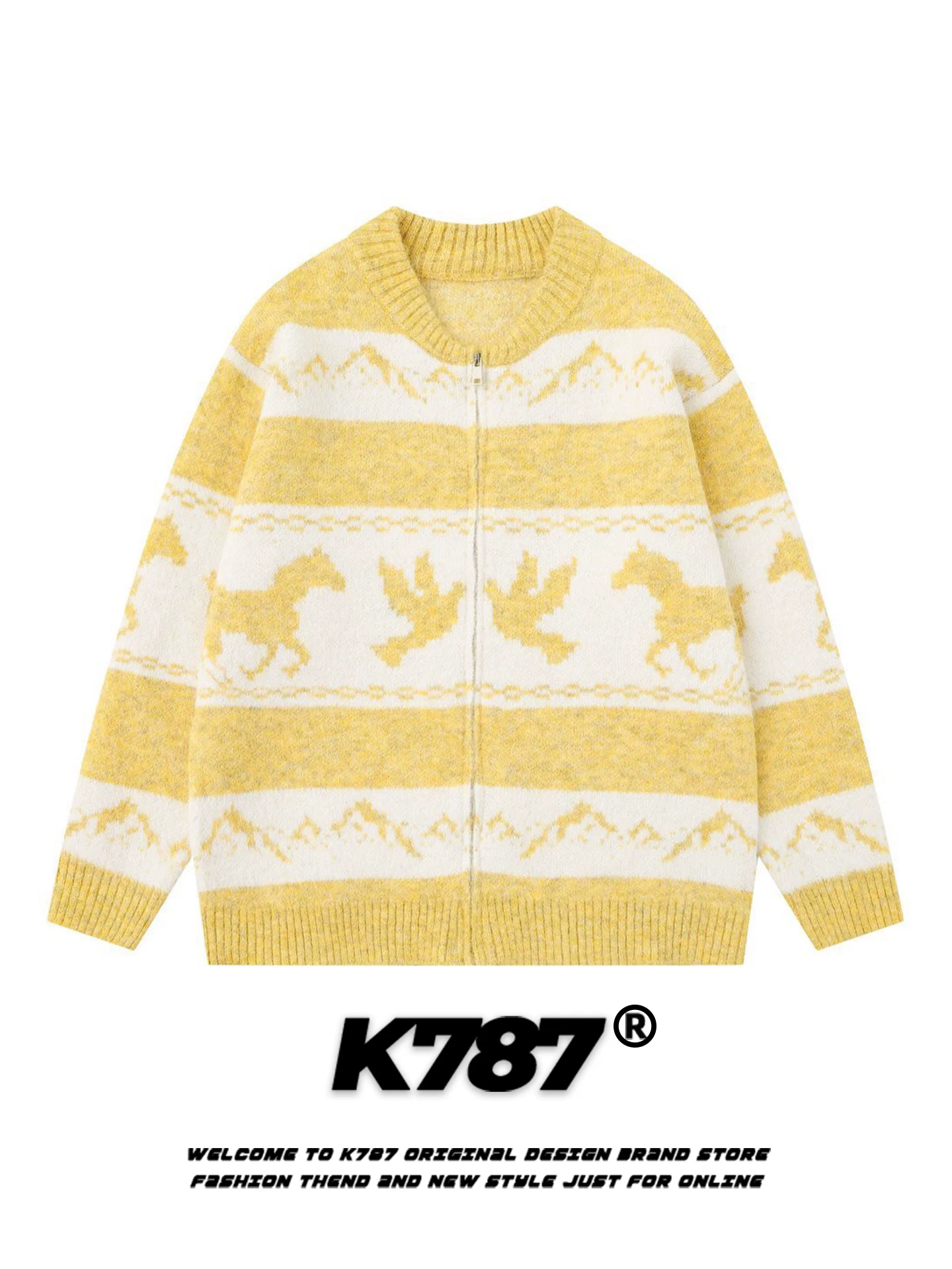 Áo len cardigan dệt jacquard họa tiết động vật cổ điển Mỹ K787 dành cho nam và nữ, kiểu dáng rộng rãi, thoải mái, phong cách năng động, phối màu, đồ đôi.