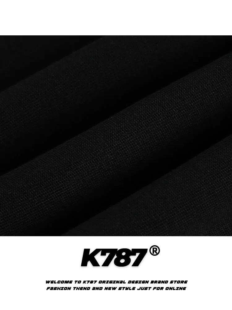 K787 Áo thun cổ lọ in họa tiết sọc cổ điển kiểu Mỹ unisex phong cách hip-hop, dáng dài bất quy tắc, tay dài