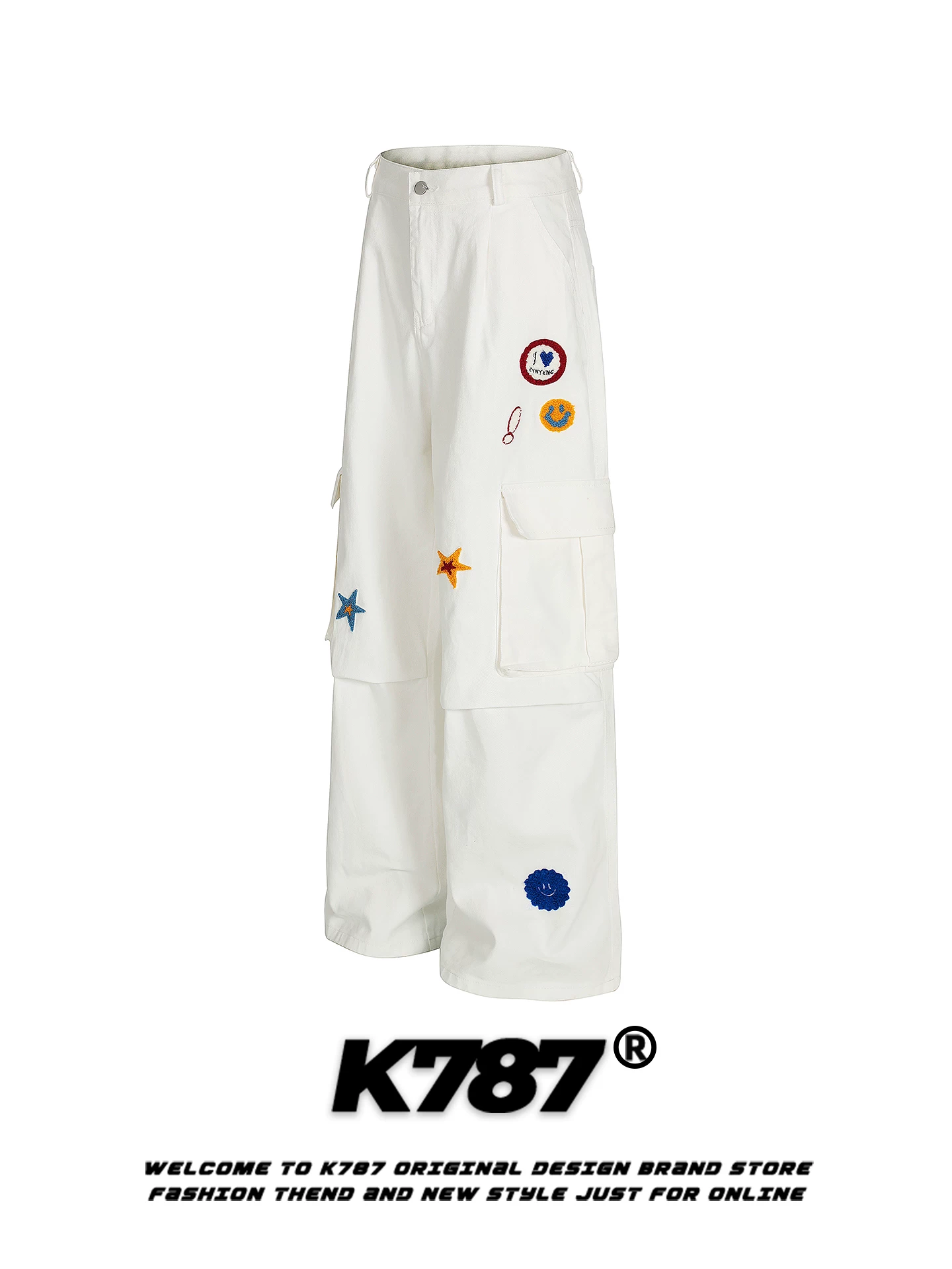 K787 Thương hiệu thời trang đường phố Mỹ quần jean thêu hình ngôi sao unisex lưng cao màu trắng dáng rộng đa năng quần ống đứng thông thường