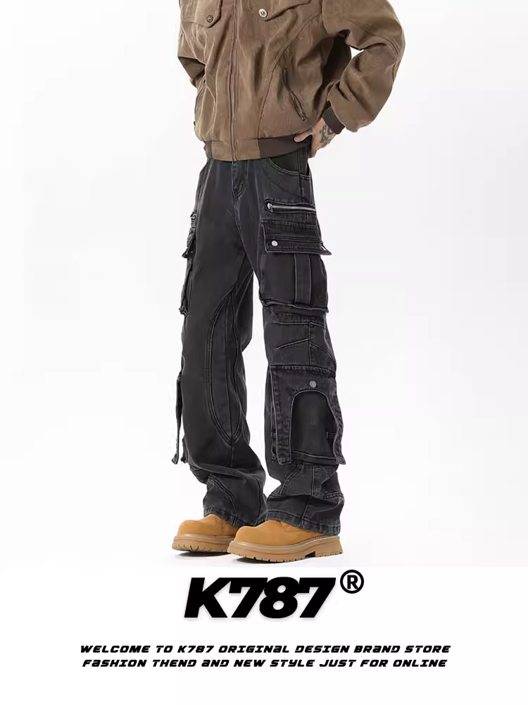 Quần cargo denim nam K787 kiểu Mỹ cổ điển, xước, cạp cao, nhiều túi, kiểu dáng thẳng, chất liệu vải washed.