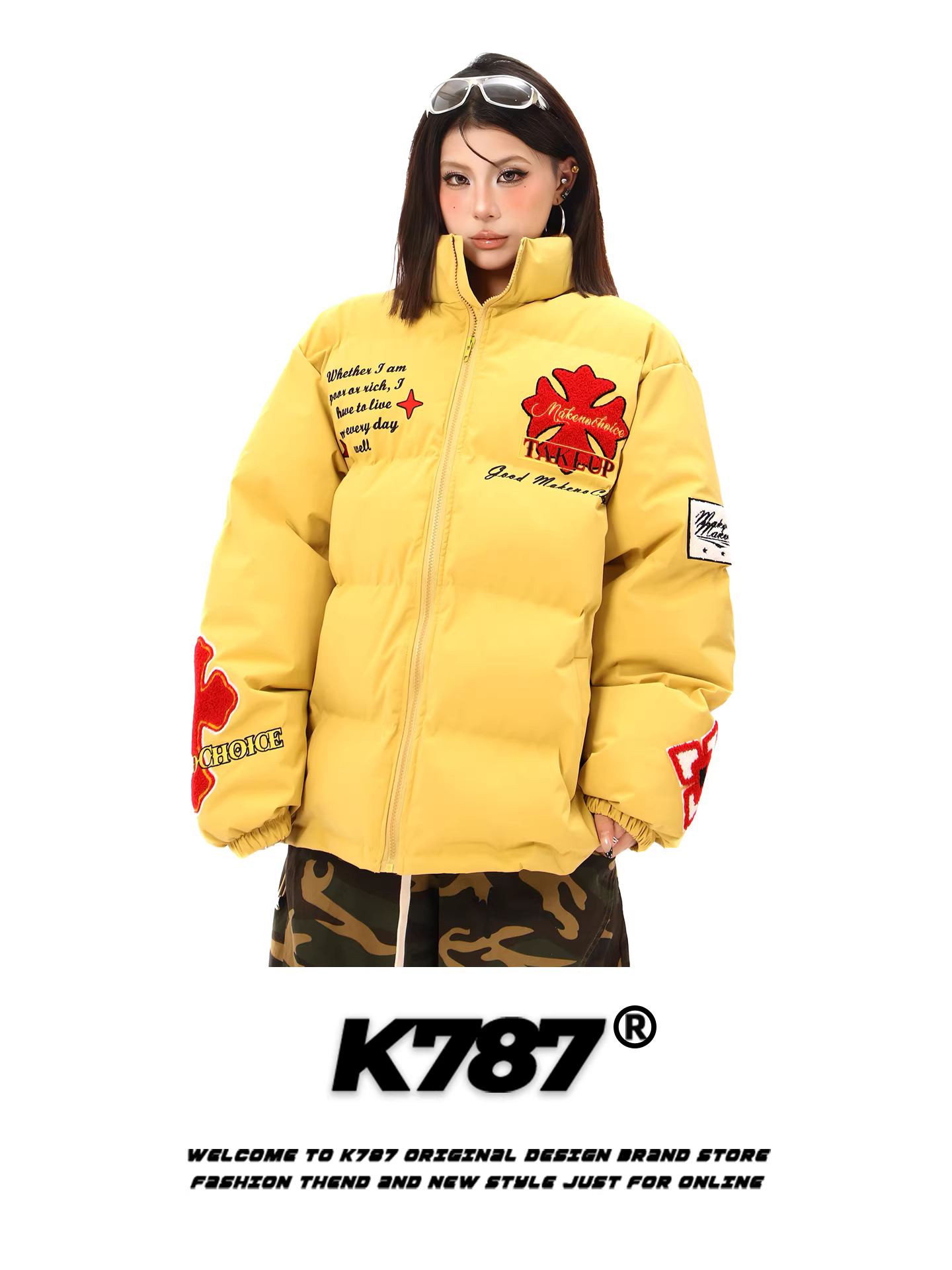 Áo khoác cotton cổ đứng thêu họa tiết phong cách Mỹ K787 dành cho nam và nữ, dáng rộng, ấm áp và dày dặn, áo khoác cotton màu vàng dành cho cặp đôi.