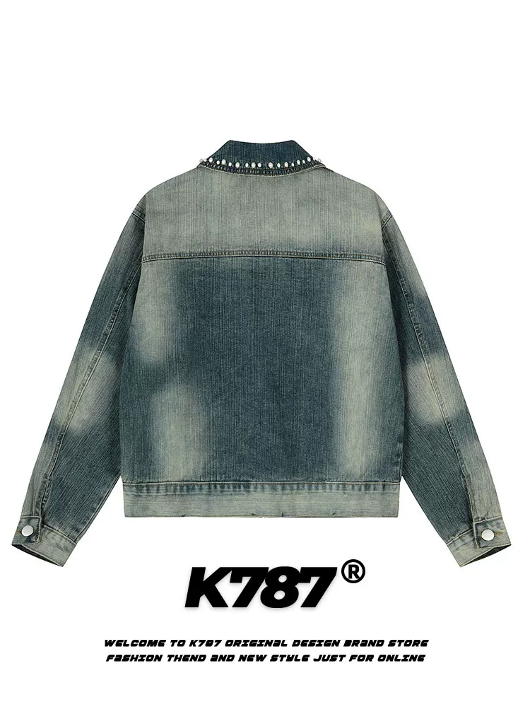 Áo khoác denim unisex dáng rộng, thiết kế tua rua kiểu Mỹ cổ điển, chất liệu denim đã qua xử lý, kiểu dáng ngắn, thời trang.