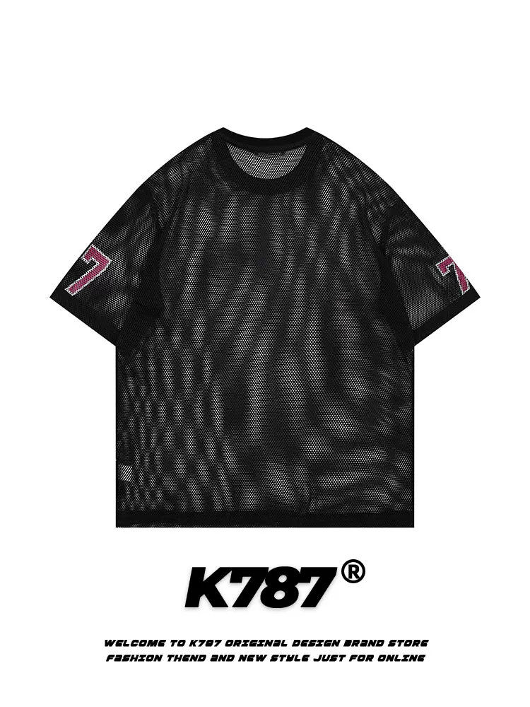 Áo thun jersey in chữ kiểu retro Mỹ K787, tay ngắn, kiểu dáng rộng rãi, thoải mái, thể thao, thoáng khí dành cho nam và nữ