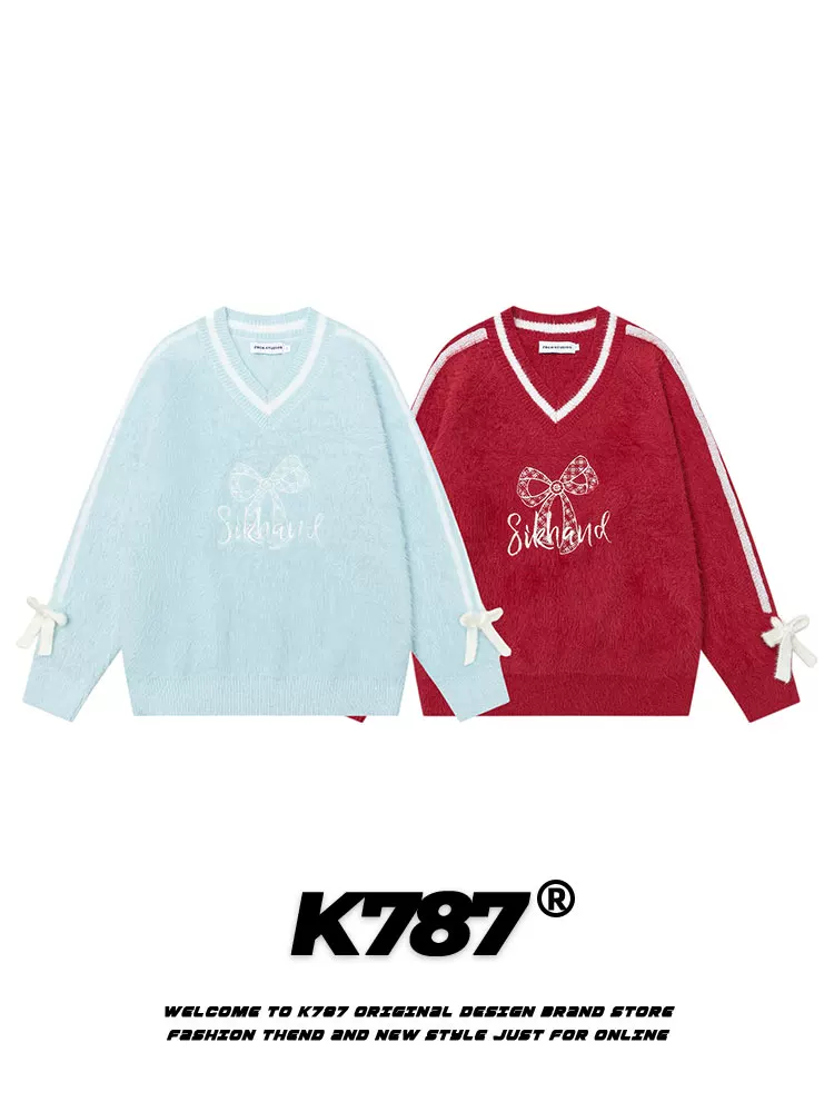 K787 Áo len dệt kim cổ chữ V thêu nơ kiểu lười biếng dành cho nam và nữ, áo len cặp đôi màu đỏ năm hoàng đạo