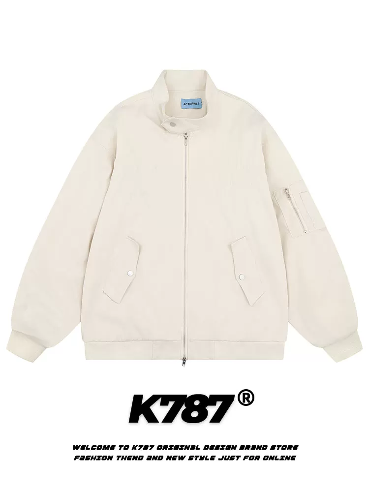 Áo khoác công nhân phong cách retro Mỹ K787, màu trơn, unisex, xu hướng quốc gia, mùa xuân thu 2025, kiểu dáng gọn gàng, kiểu phi công