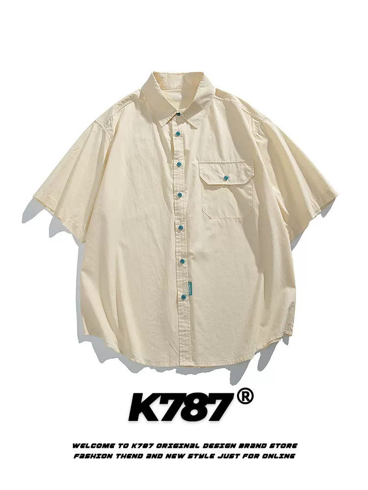 K787 Áo sơ mi ngắn tay đa năng phong cách đại học cổ điển của Mỹ dành cho nam và nữ Áo cardigan nửa tay màu trơn cổ điển dành cho mùa hè