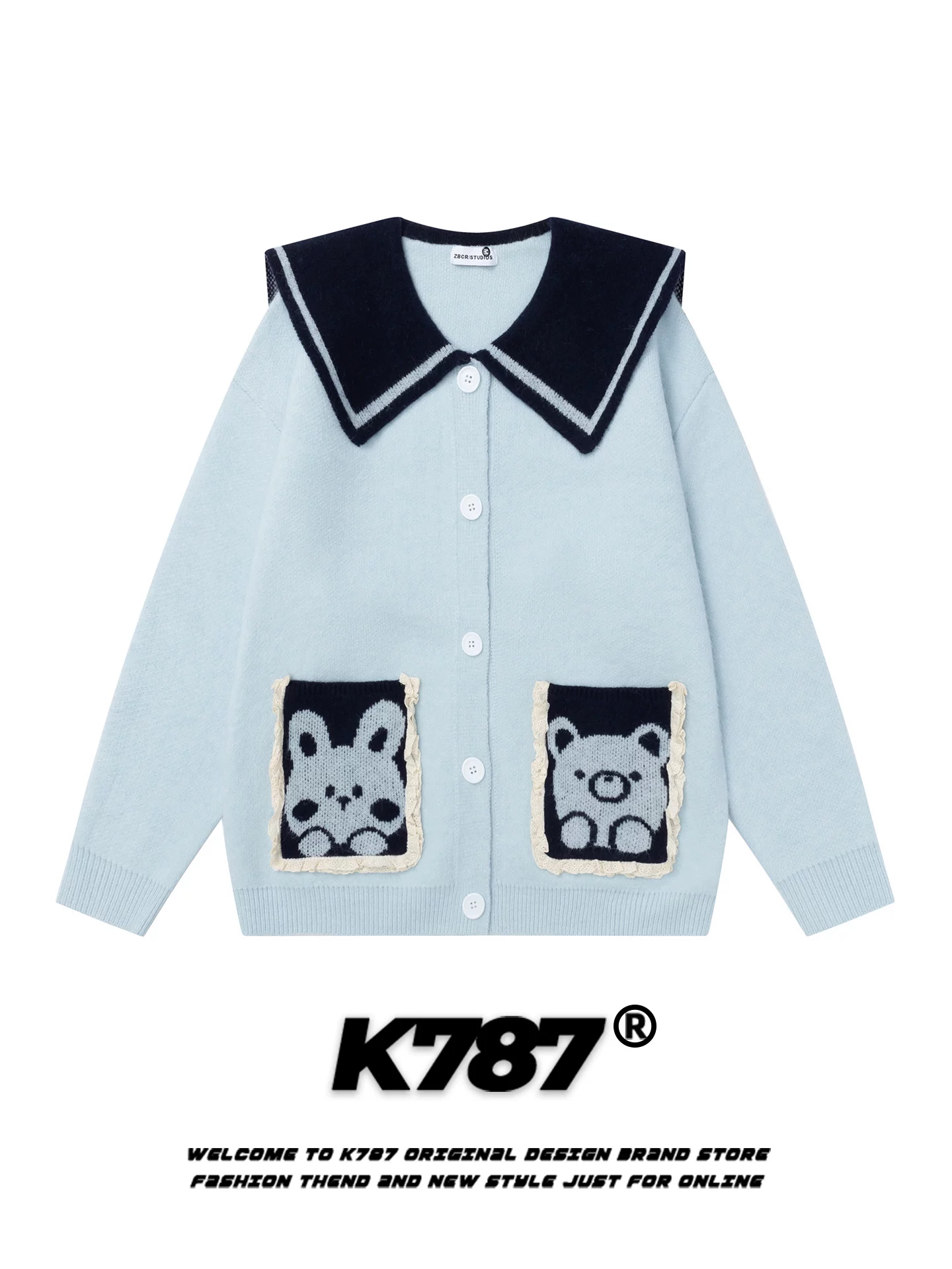 Áo len cổ thủy thủ hình gấu và thỏ phong cách đường phố Mỹ K787 dành cho nữ, áo cardigan dệt kim dáng rộng, phong cách học sinh, thoải mái cho mùa thu.