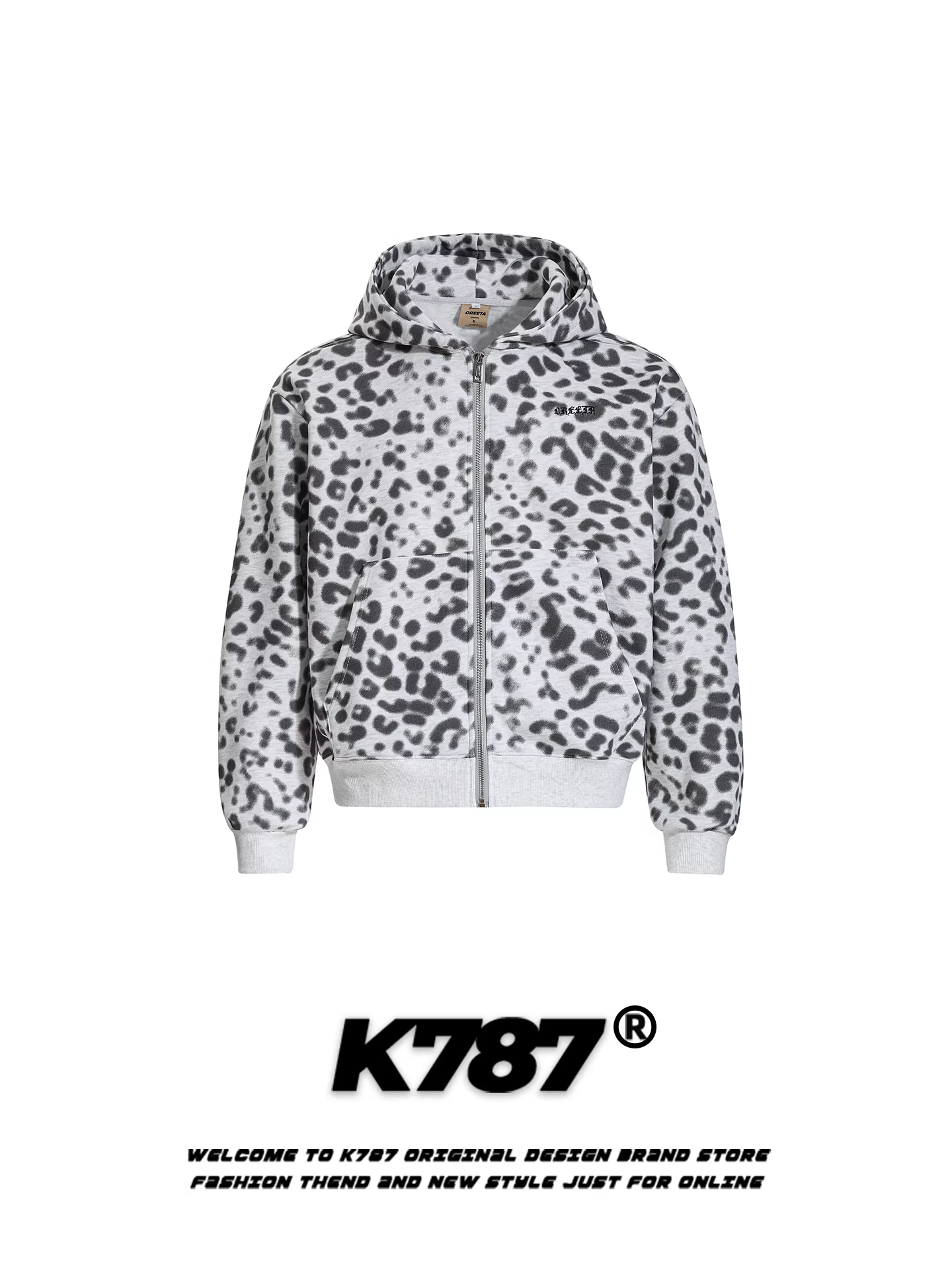 Áo khoác có mũ in họa tiết da báo phong cách đường phố Mỹ K787 dành cho nam và nữ, thương hiệu thời thượng, kiểu dáng rộng rãi, thoải mái, áo khoác cardigan cặp đôi mùa thu đông 2025