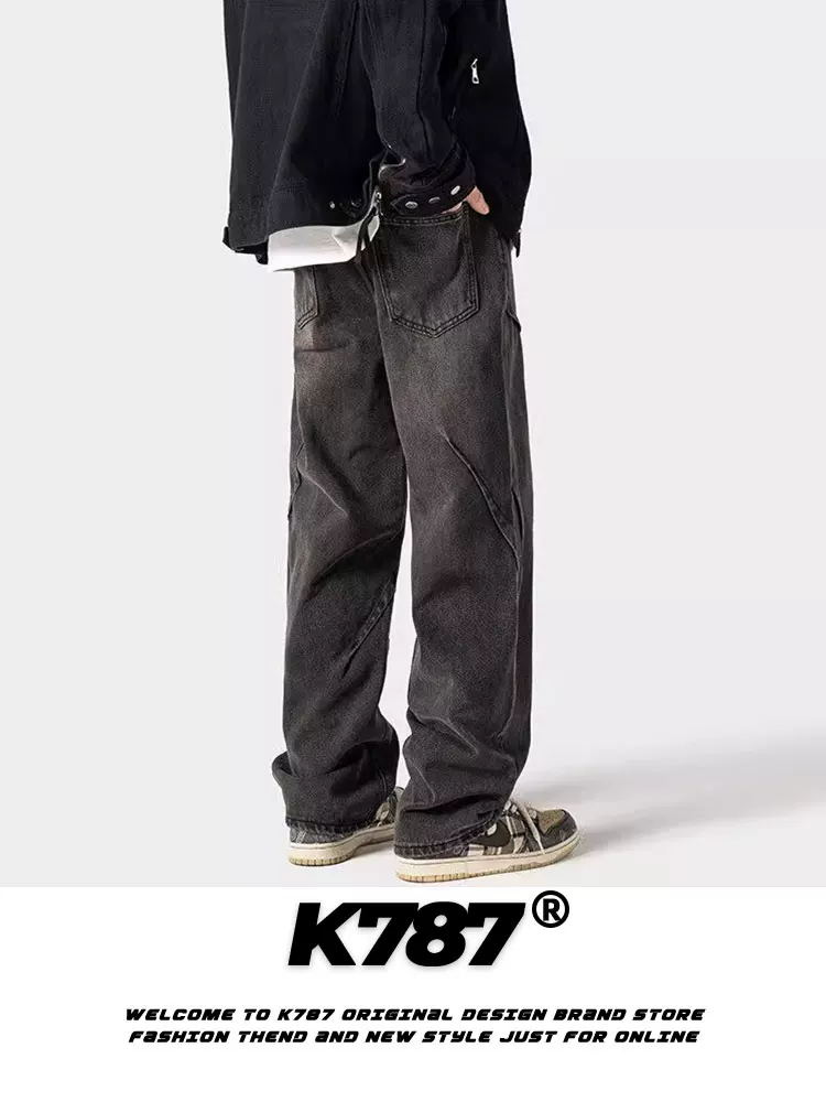 Quần jeans nam K787 kiểu Mỹ cổ điển, xước rách, phối vải, xếp ly, đa năng, cạp cao, dáng rộng, ống thẳng