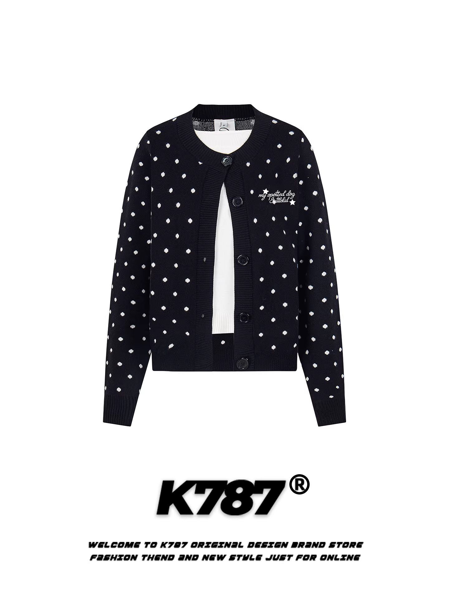 Áo cardigan len nữ kiểu Mỹ cổ tròn chấm bi giả hai lớp K787, có thêu, ấm áp và tôn dáng, kiểu dáng ngắn.