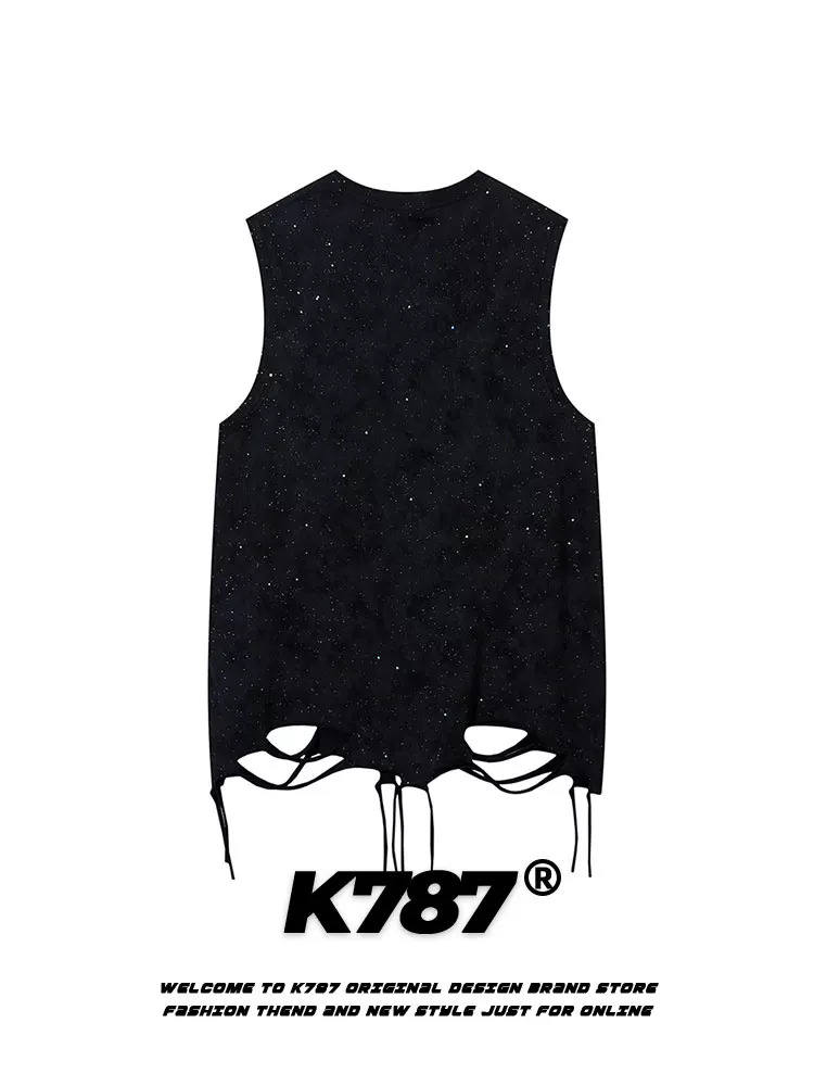 K787 Mỹ retro vòng cổ chắp vá hip-hop bầu trời đầy sao áo ba lỗ unisex quá khổ không tay áo lót áo thun mùa hè