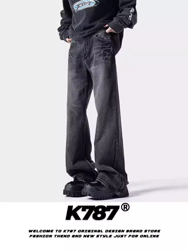Quần jeans K787 kiểu Mỹ cổ điển, xước, dành cho nam và nữ, cạp cao, phong cách thường ngày, rộng rãi, đa năng, hơi loe, quần ống thẳng.
