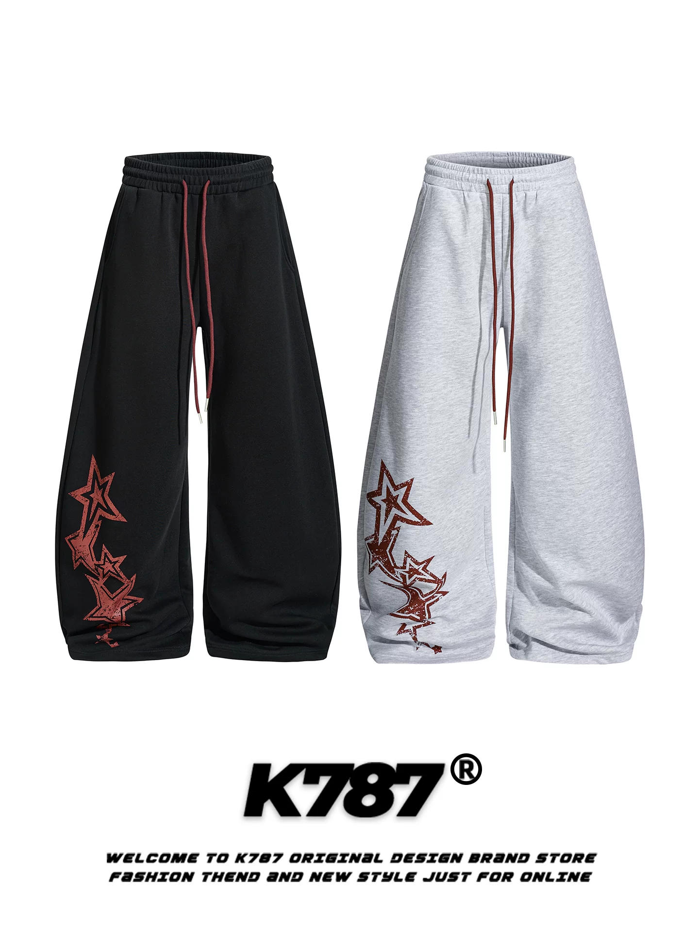 Quần ống rộng unisex kiểu Mỹ cổ điển in hình sao K787, dáng rộng, phong cách đường phố, thể thao, có dây rút, chất liệu thoải mái
