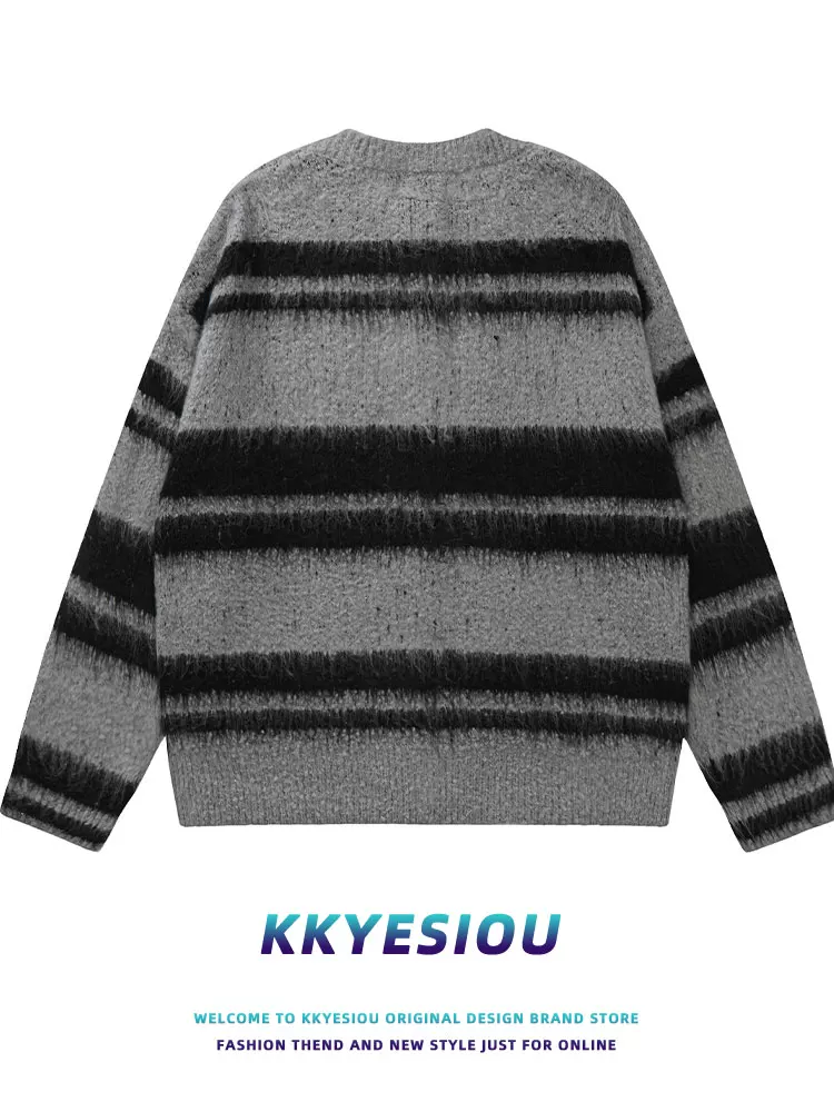 Áo cardigan dệt kim sọc phong cách retro Mỹ KKyesiou dành cho nam và nữ, áo khoác len cặp đôi mùa thu đông