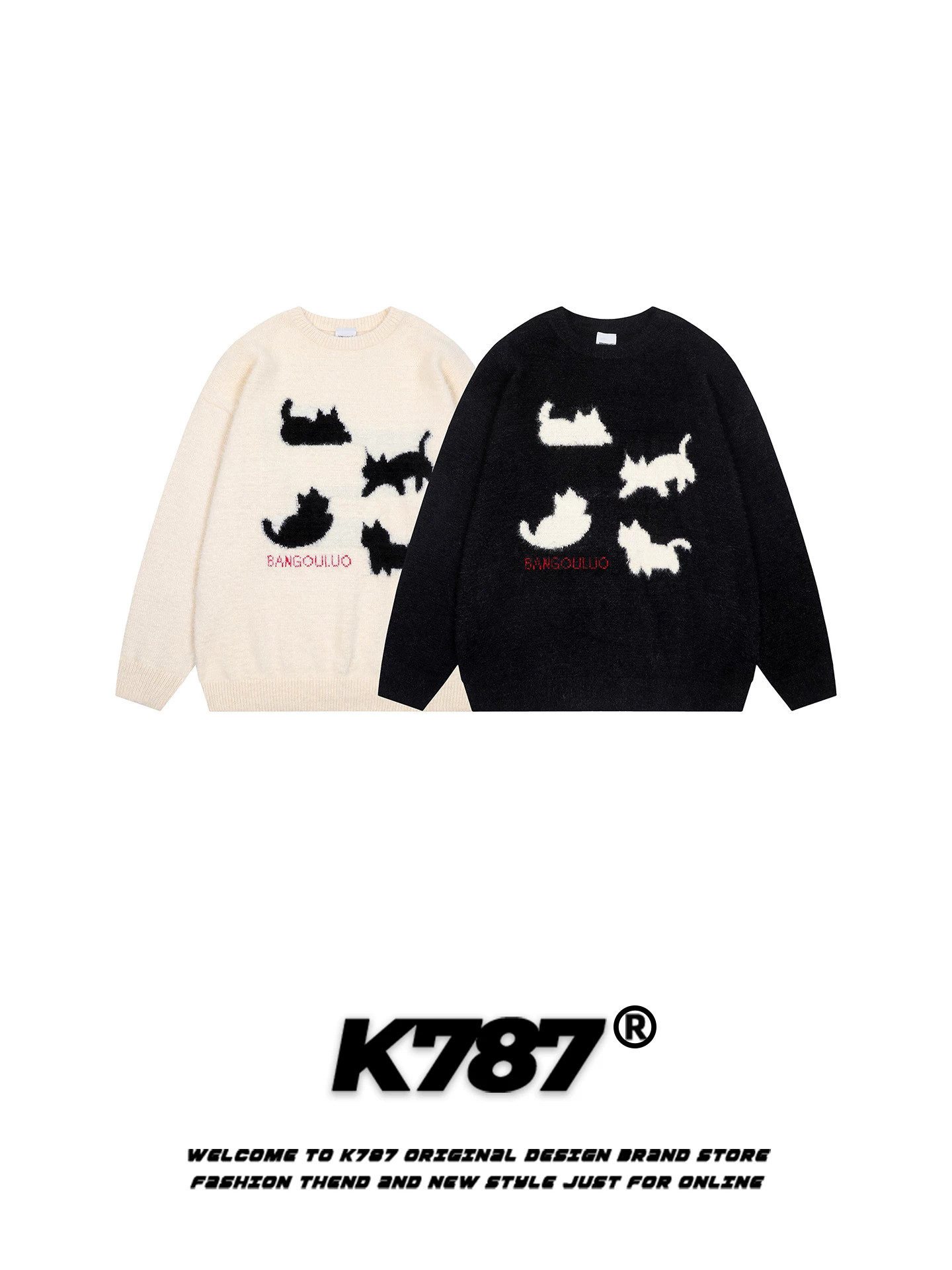 K787 Áo len dệt kim jacquard hình mèo vui nhộn kiểu Mỹ dành cho nam và nữ, mềm mại và rộng rãi, áo len cặp đôi phong cách đại học giản dị