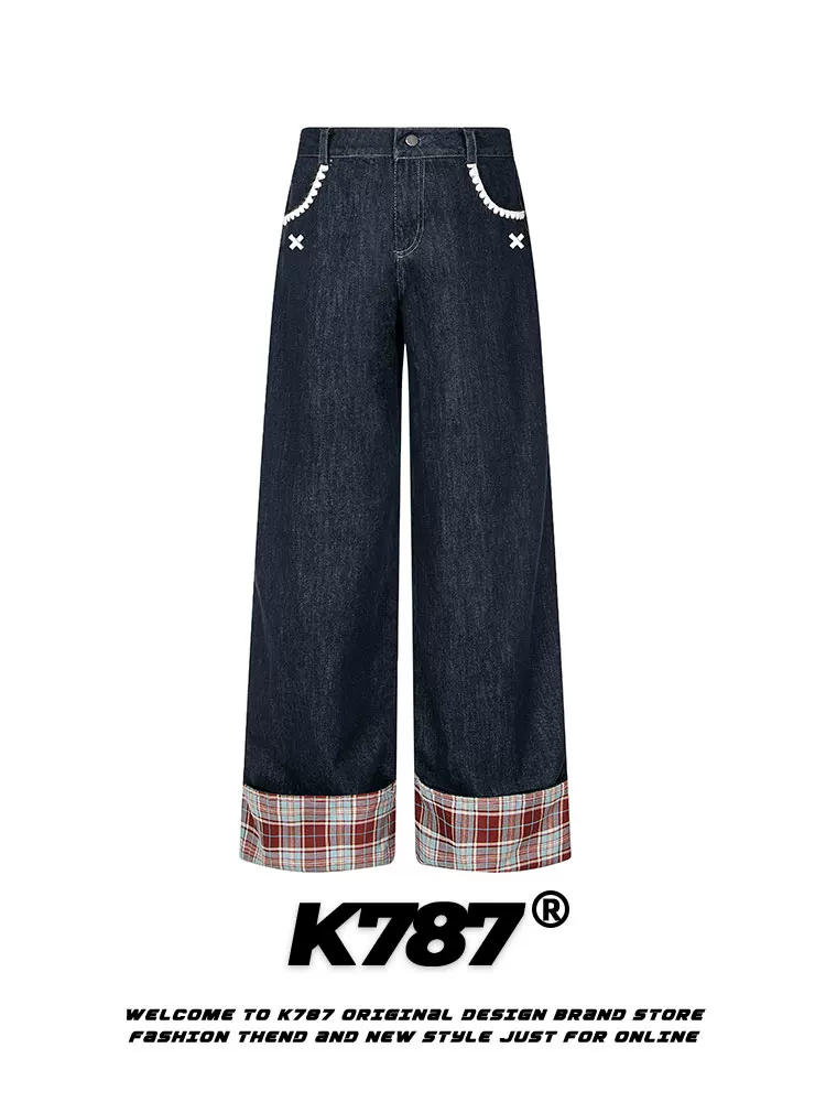 Quần jeans unisex dáng thẳng lưng cao, họa tiết caro thêu retro kiểu Mỹ, phối vải chắp vá, phong cách casual, size lớn K787