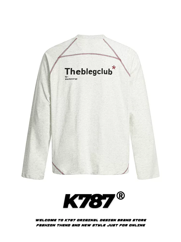K787 Áo thun dài tay in chữ đơn giản theo phong cách retro Mỹ dành cho nam và nữ, đường may lộ, áo dáng rộng thể thao, giản dị