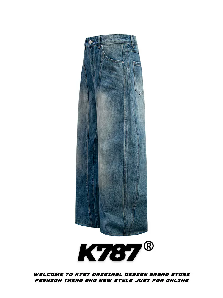 Quần jeans dáng scimitar unisex K787 phong cách retro Mỹ, xu hướng hip-hop, rộng thùng thình, cạp cao, dáng thẳng, phong cách đường phố, chất liệu denim.