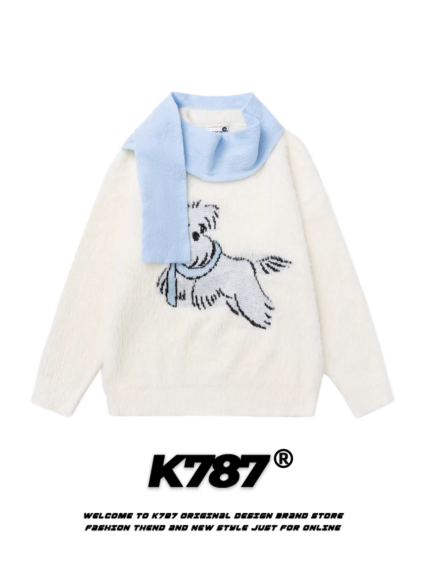 Áo len cổ tròn kiểu dáng retro Mỹ K787 dành cho nam và nữ, họa tiết chó dễ thương, kiểu dáng rộng rãi, áo len cặp đôi