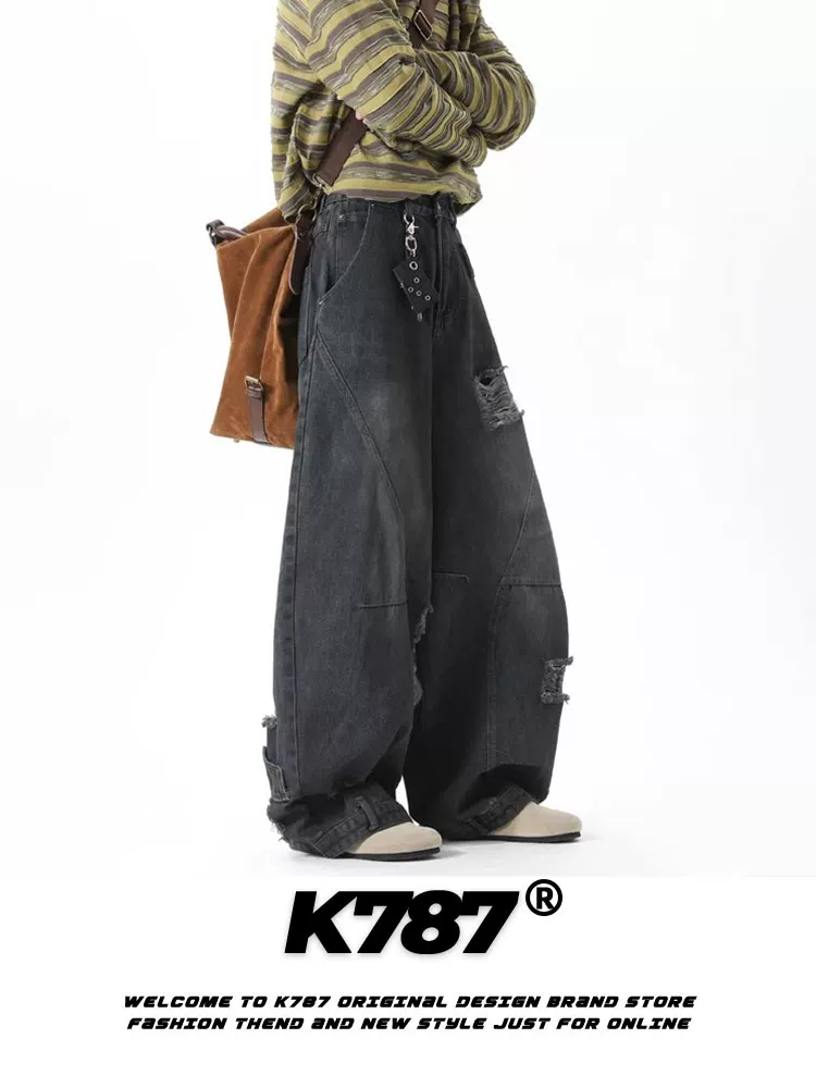 Quần jeans dáng lửng unisex phong cách retro Mỹ, thiết kế phá cách, chất liệu denim cũ, cạp cao, ống rộng, phong cách hip-hop, thường ngày.